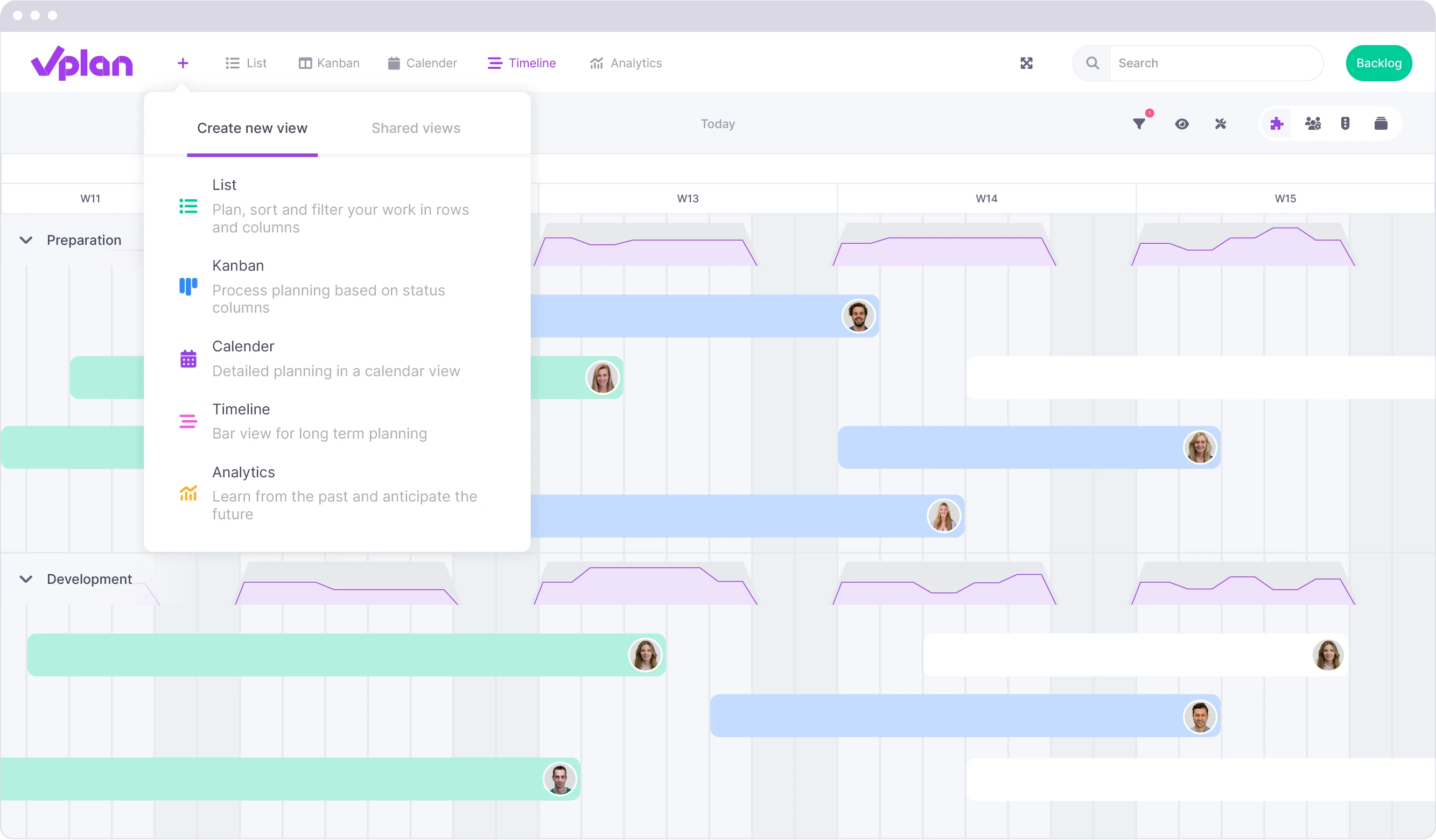 Overview of view options in vPlan, including List, Kanban, Calendar, Timeline, and Analytics, for various planning needs.