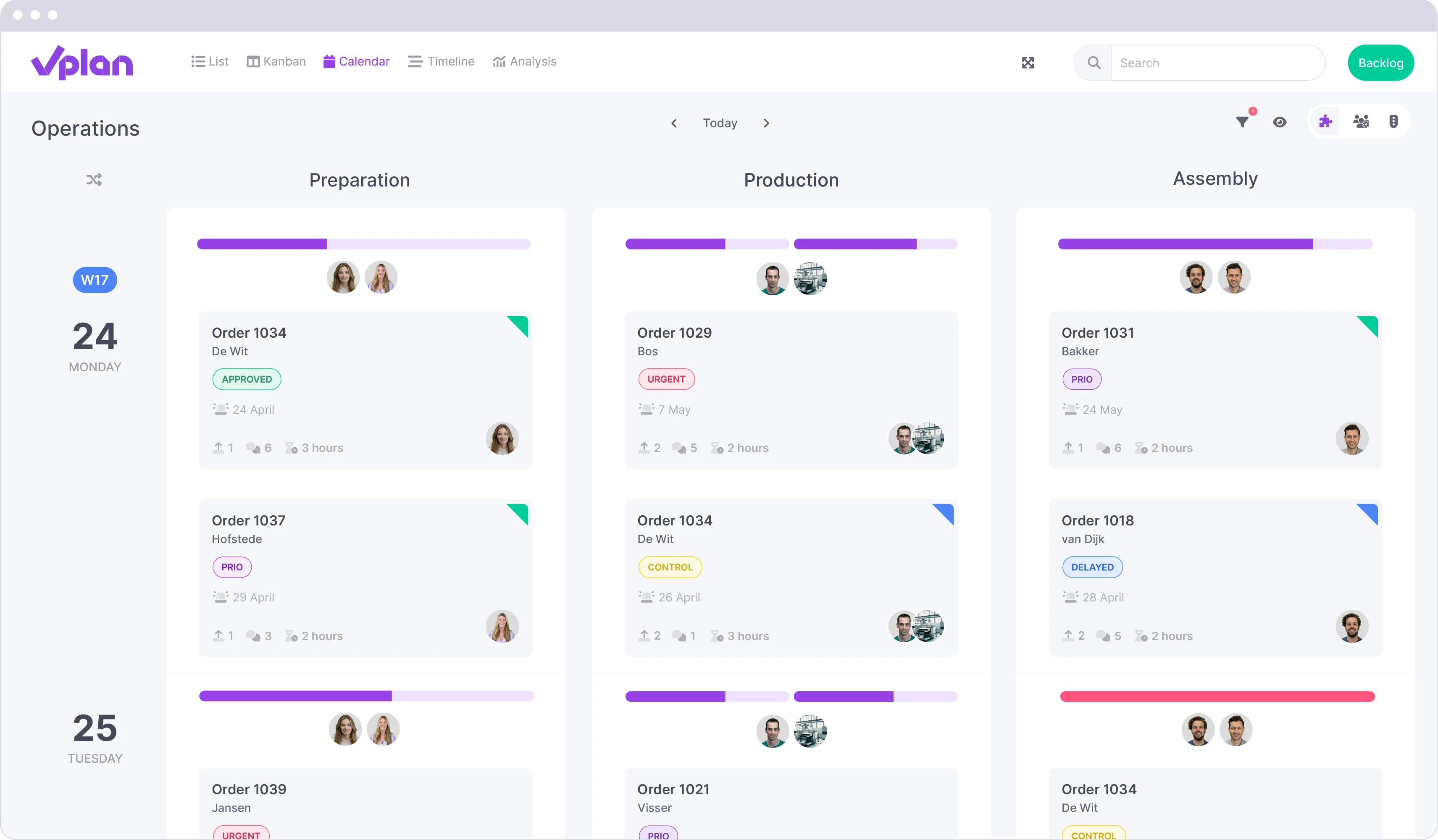 Calendar view in vPlan for production processes, showing stages such as Preparation, Production, and Assembly with linked orders and progress bars.