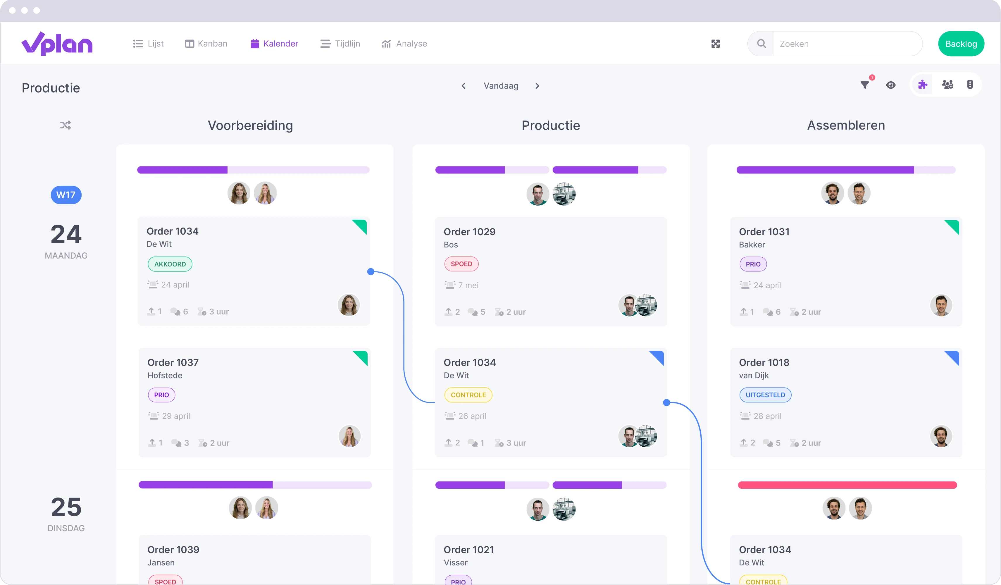 Kalenderweergave in vPlan voor productieprocessen, toont fasen zoals Voorbereiding, Productie en Assembleren met gekoppelde orders en voortgangsbalken.