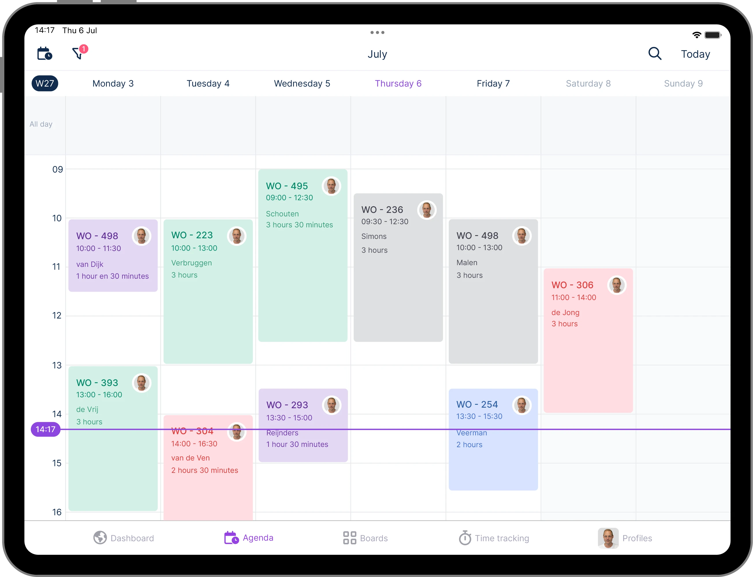 Agenda view in vPlan displays work orders with scheduled times, team members, and duration of activities for an organised workday.