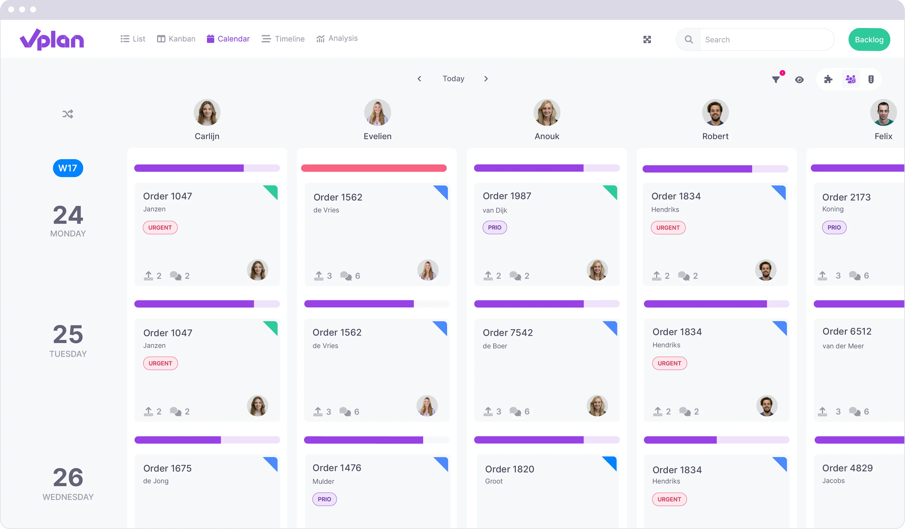 Calendar view in vPlan, displaying work orders per day with labels like 'Urgent' and 'Priority,' and assigned team members.