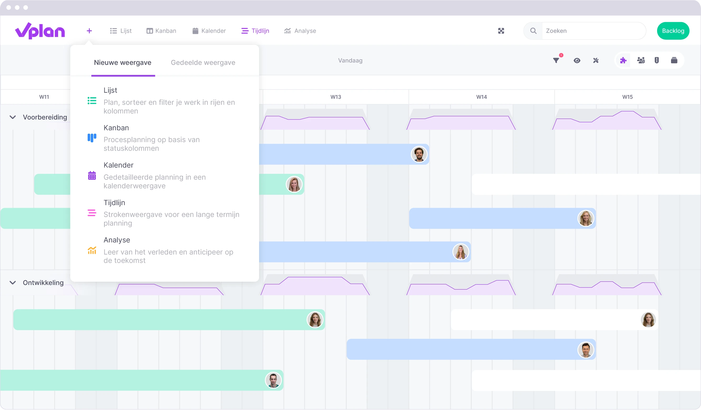 Overzicht van weergave-opties in vPlan, waaronder Lijst, Kanban, Kalender, Tijdlijn en Analyse, voor diverse planningsbehoeften.