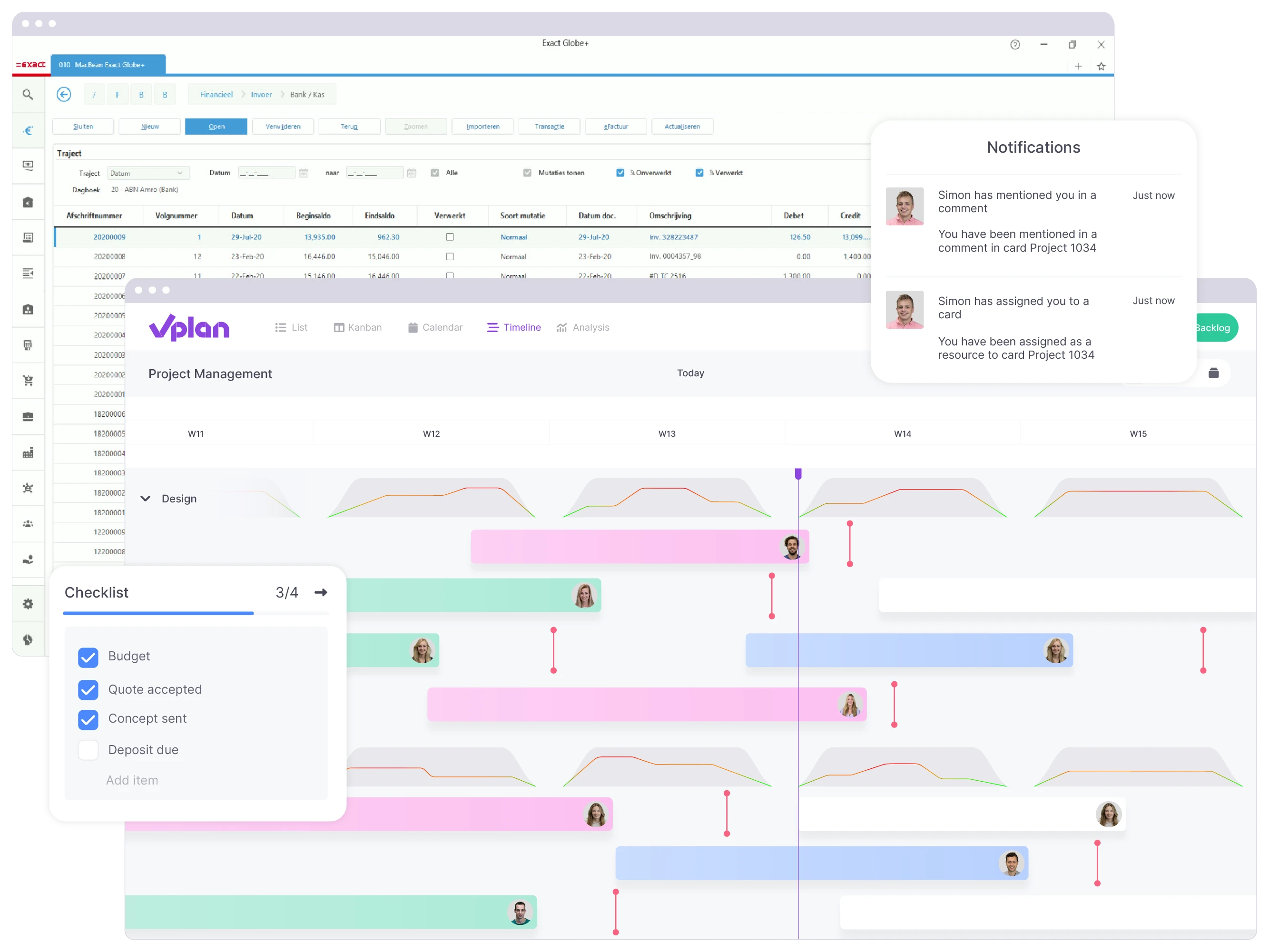 Timeline display in vPlan showing long-term projects imported directly from Exact Globe.