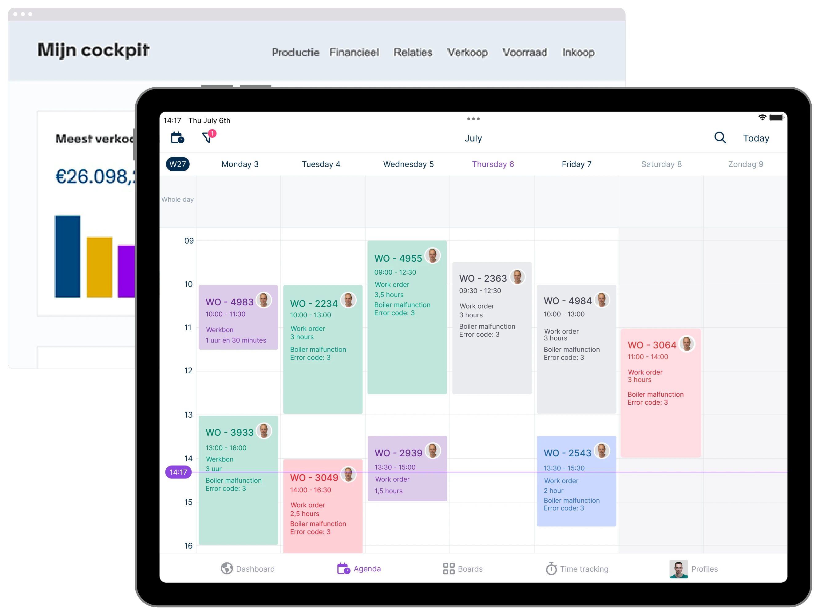 Tablet displaying the agenda view of vPlan. Additionally, Exact Production importing orders into vPlan.