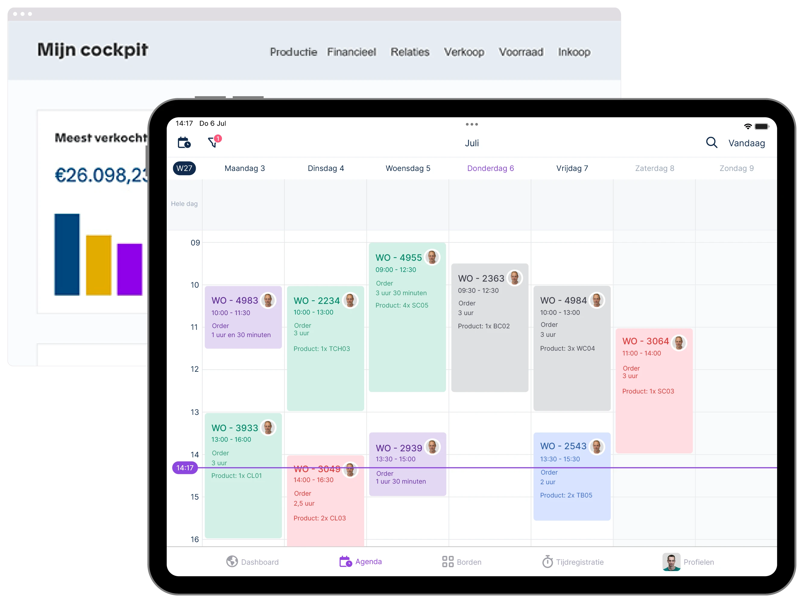 Tablet met de agenda weergave van vPlan. Daarbij Exact productie die orders importeerd naar vPlan.