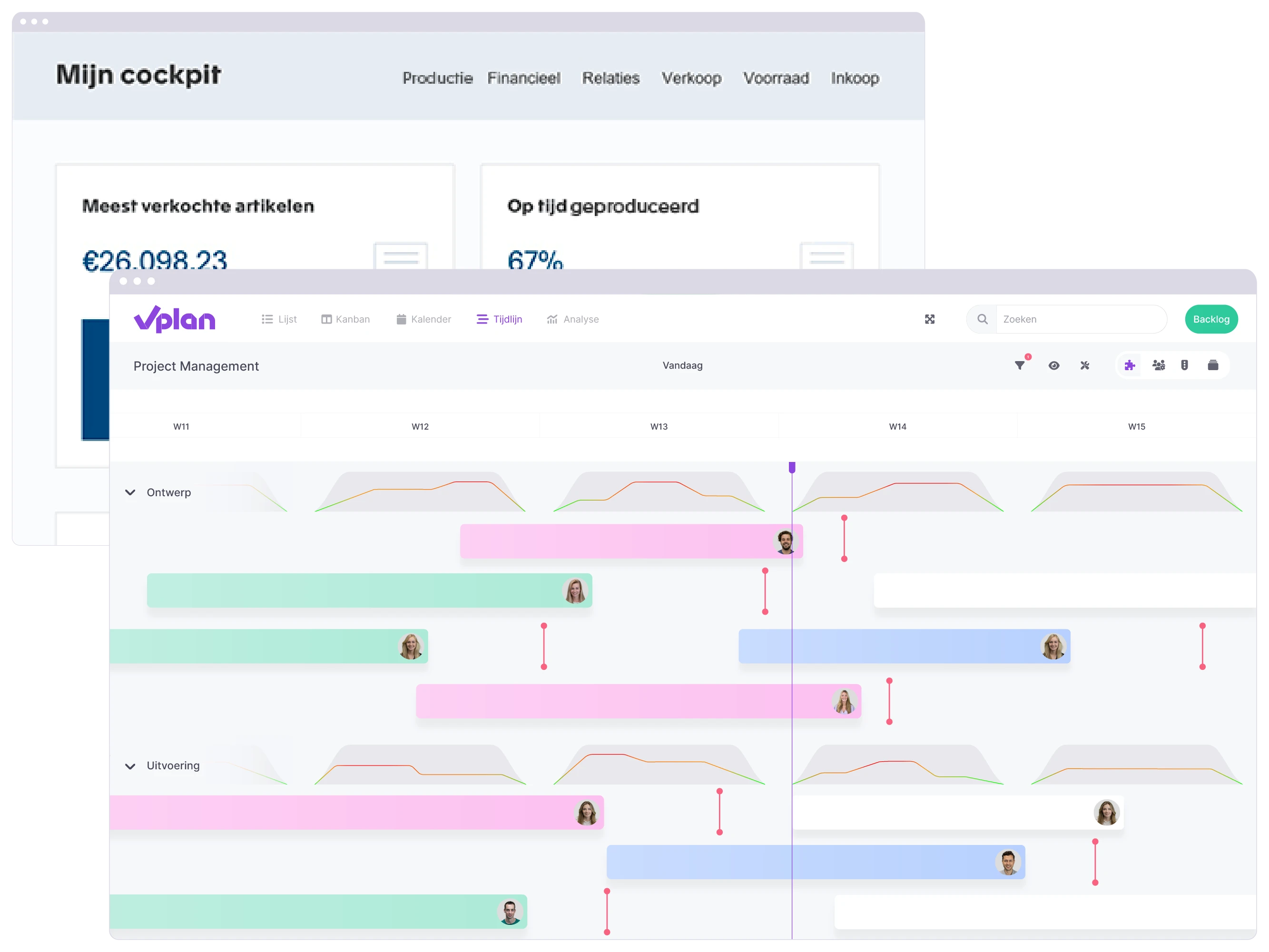 Tijdlijnweergave van vPlan met langdurige projecten die rechtstreeks uit Exact Projectmanagement komen.