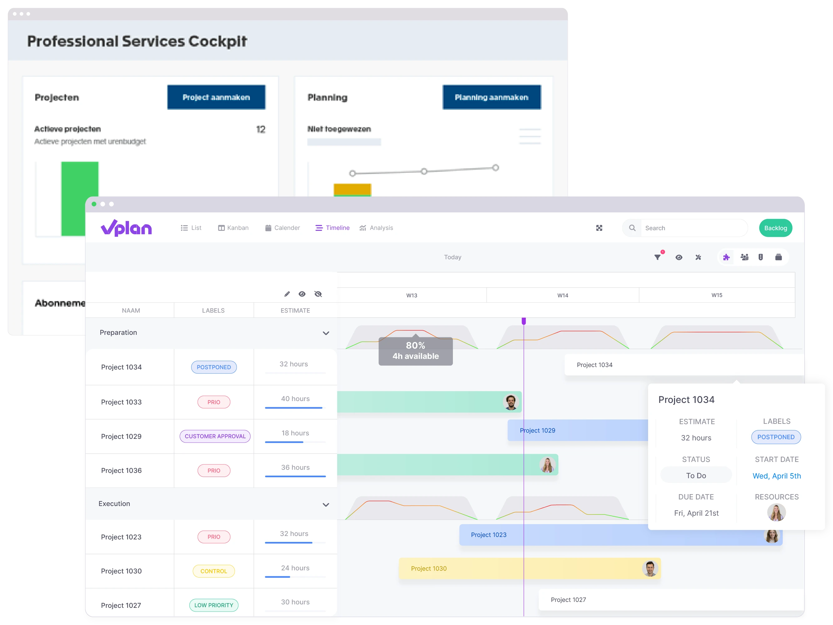 Timeline view of vPlan displaying long-term projects, along with the Exact dashboard.