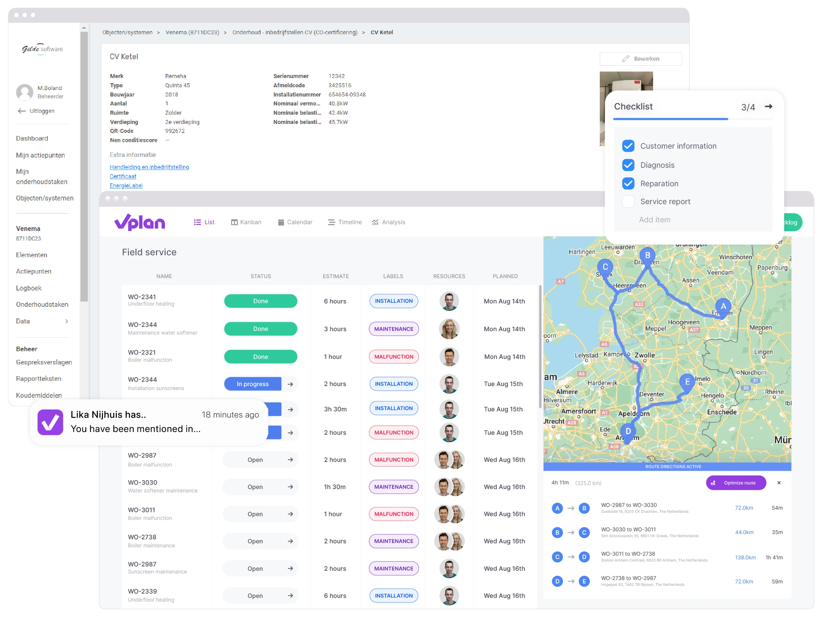 A list view with work orders, where the maps view is open and a project from Gilde is visible on another screen.