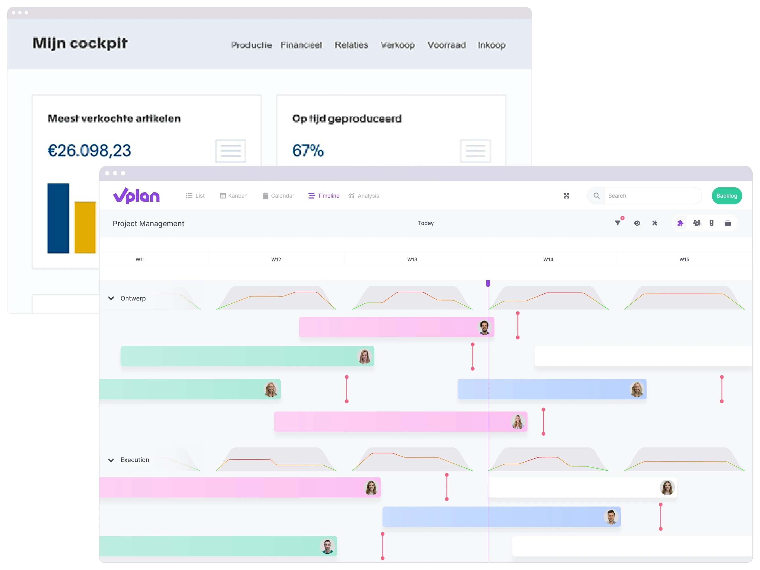 Timeline view in vPlan displaying long-term projects imported directly from Exact Project Management.