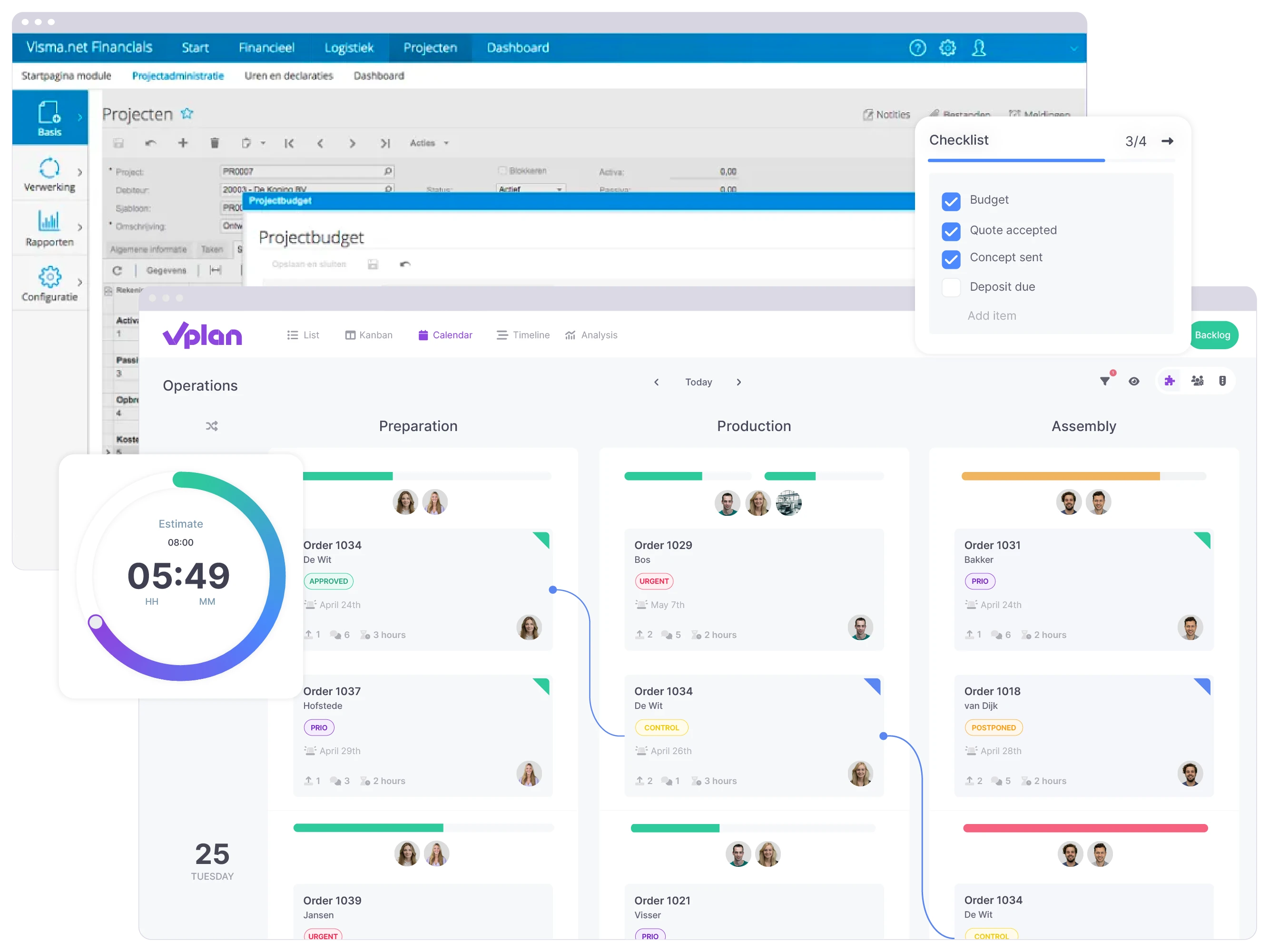 Calendar view in vPlan where orders are scheduled directly from Visma Software.