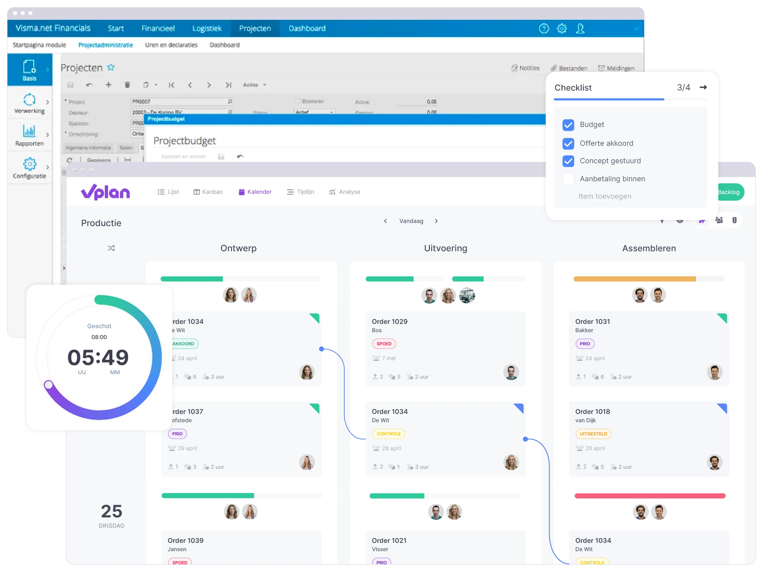 Kalender weergave van vPlan waarin orders direct vanuit Visma Software gepland worden.