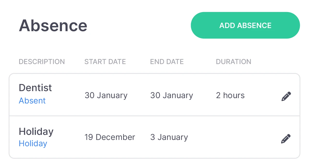 Overview of recorded employee absences in vPlan.