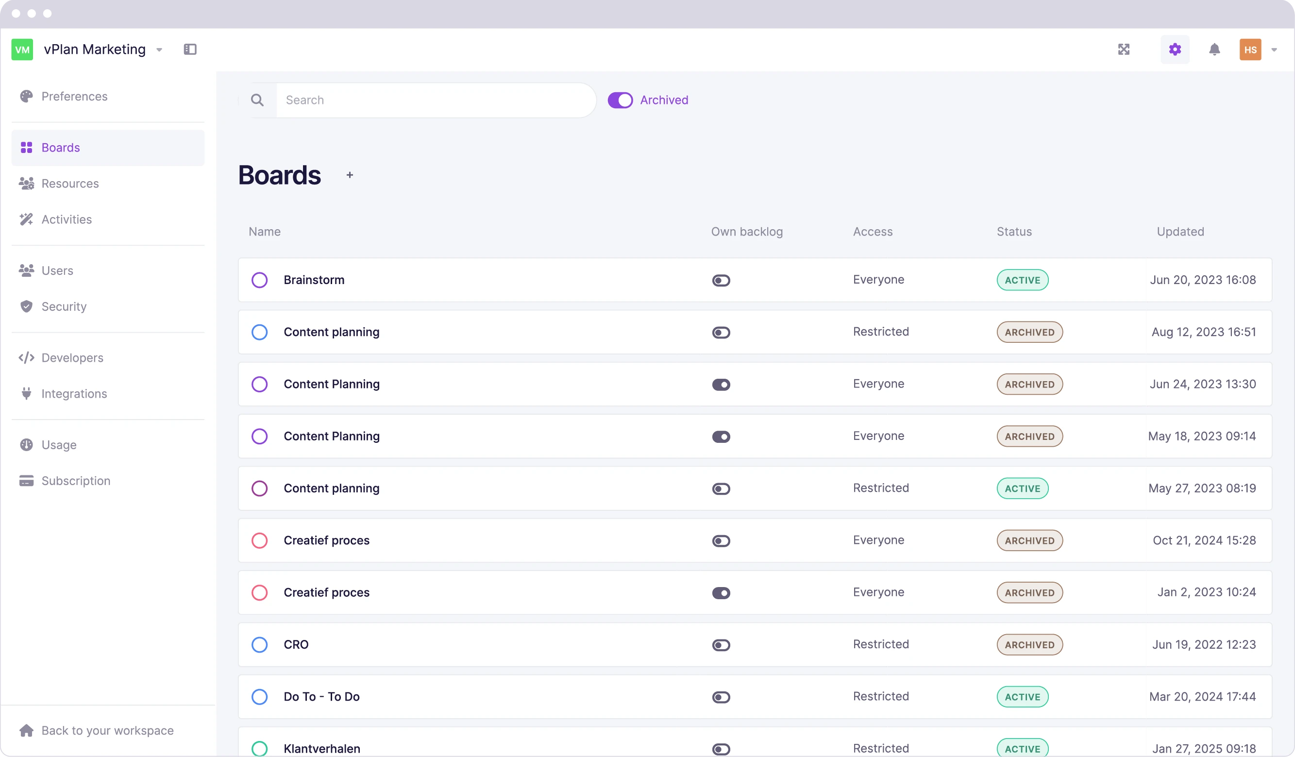 Overview of active and archived planning boards with an option to easily activate archived boards.