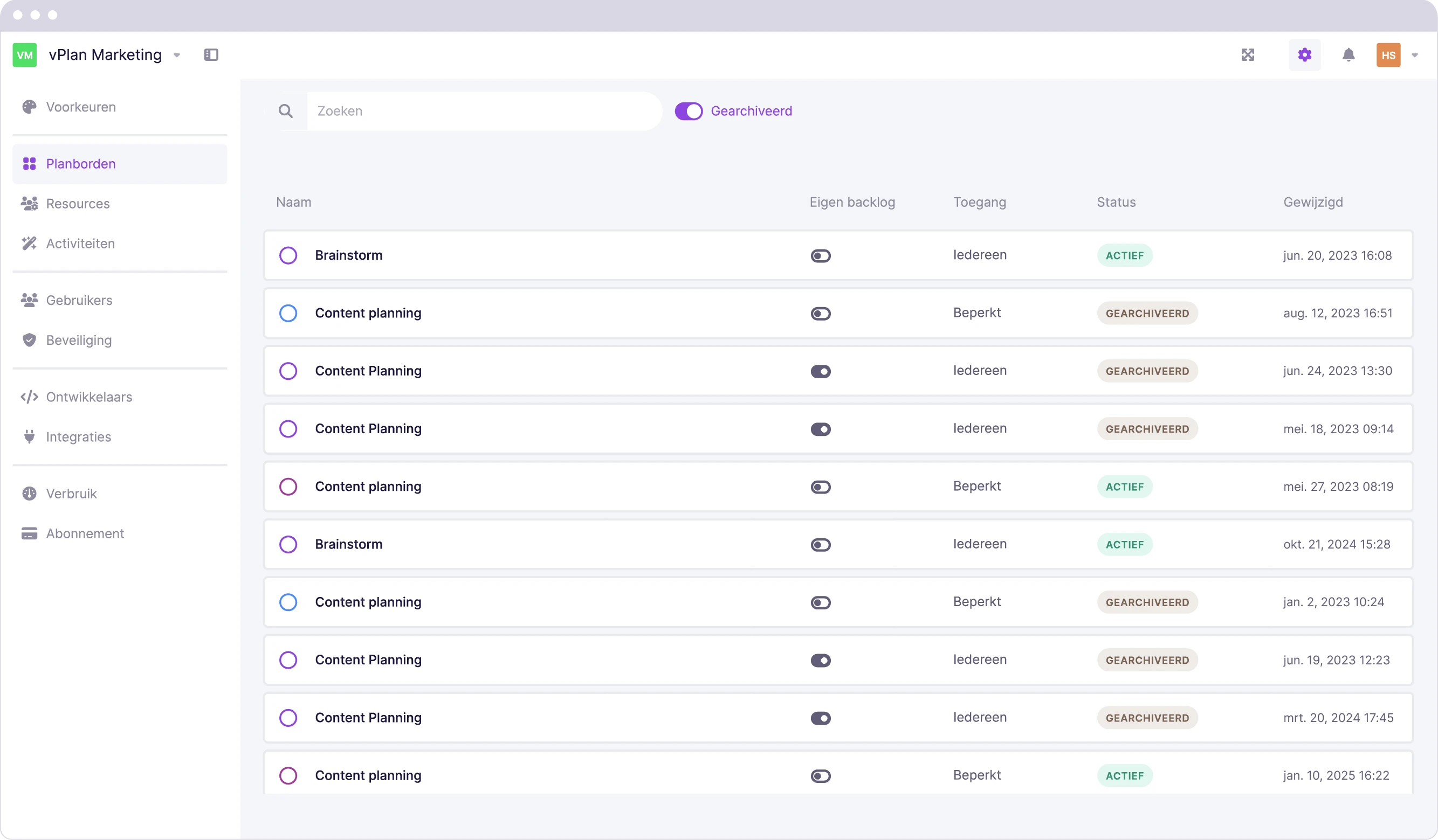 Overzicht van actieve en gearchiveerde planborden met de optie om gearchiveerde planborden eenvoudig te activeren.