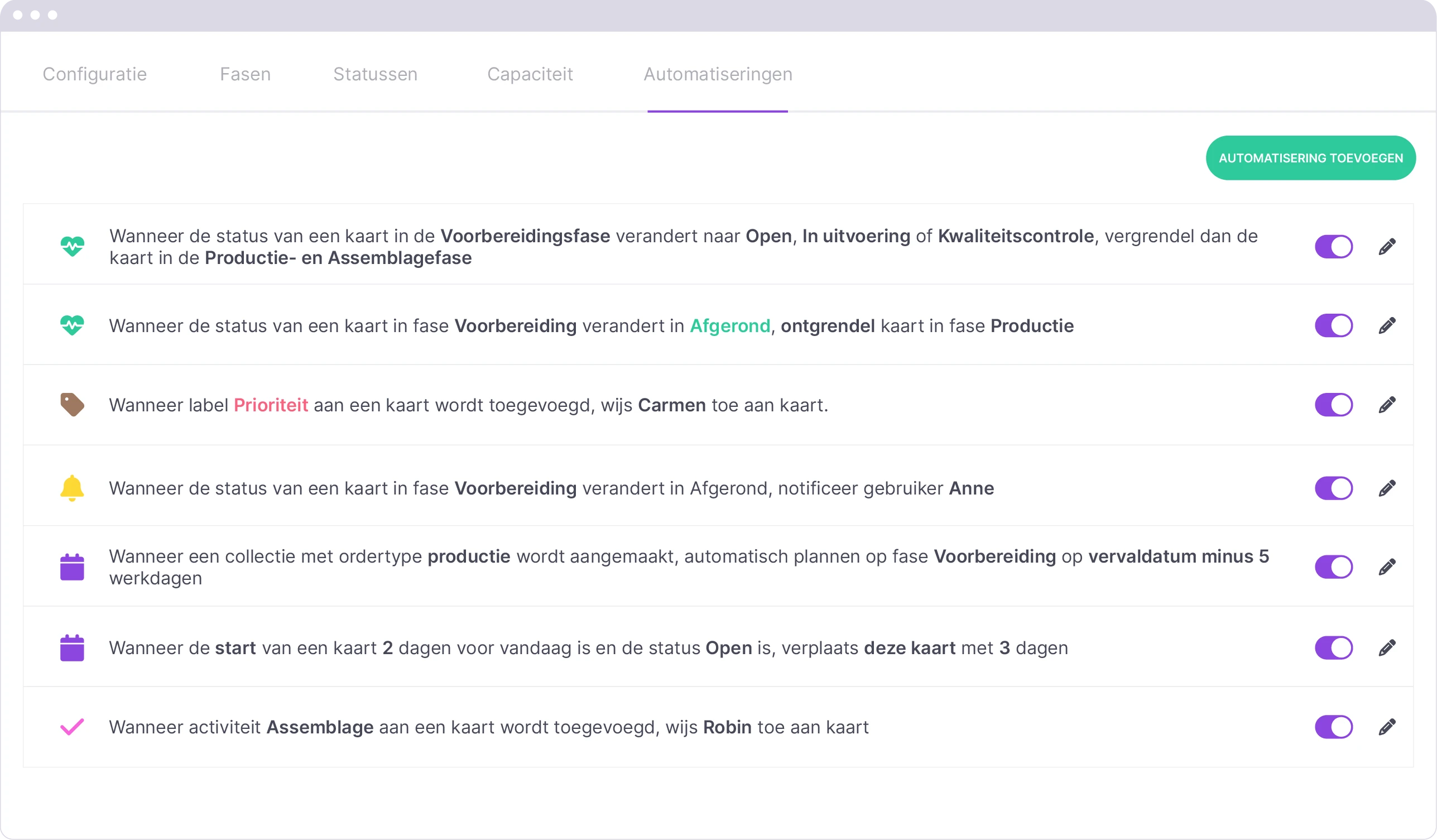 Overzicht voor het beheren en aanmaken van automatiseringen binnen de configuratie van vPlan.