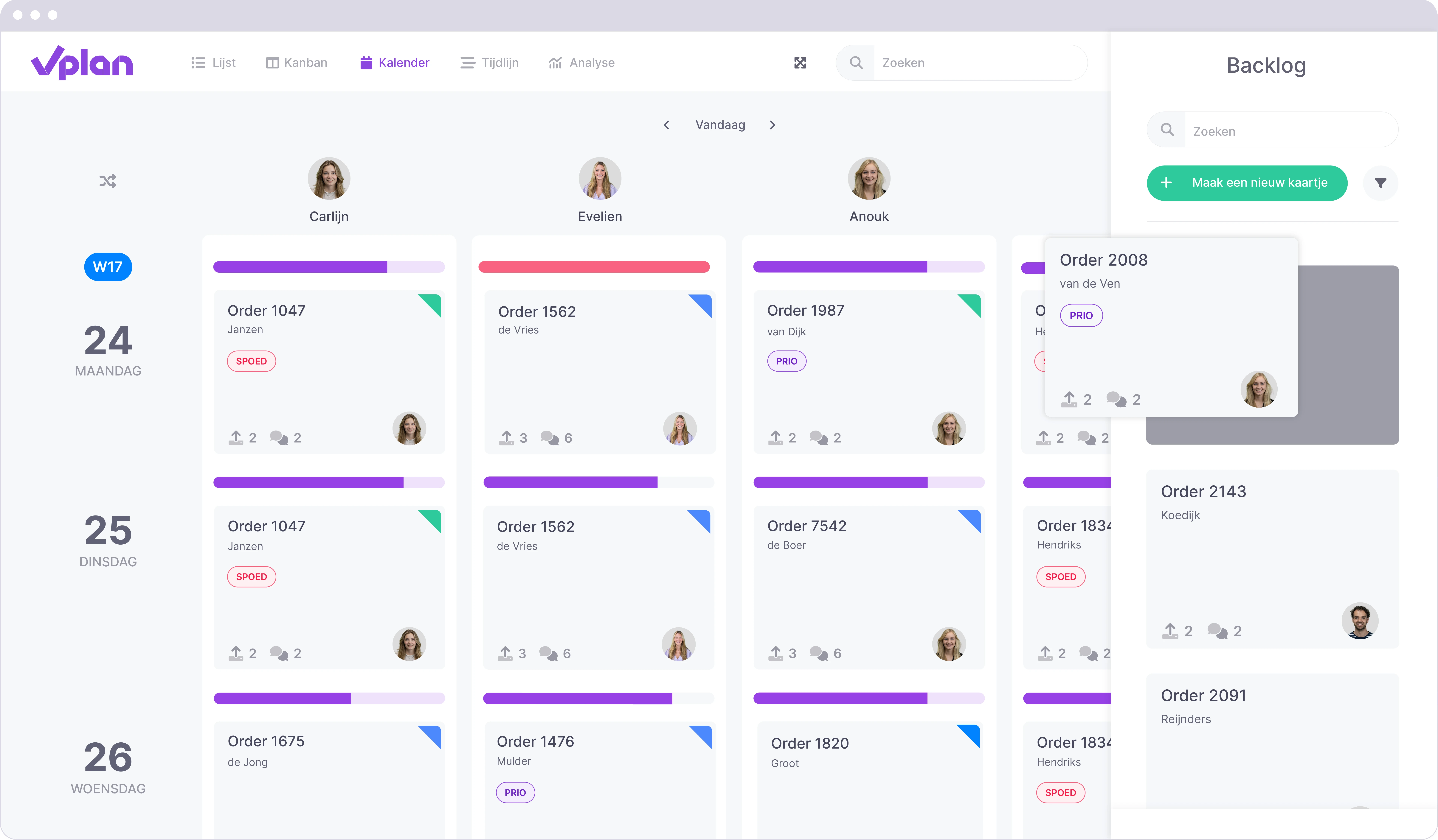 Een kaart die vanuit de backlog gepland wordt in de kalender weergave.