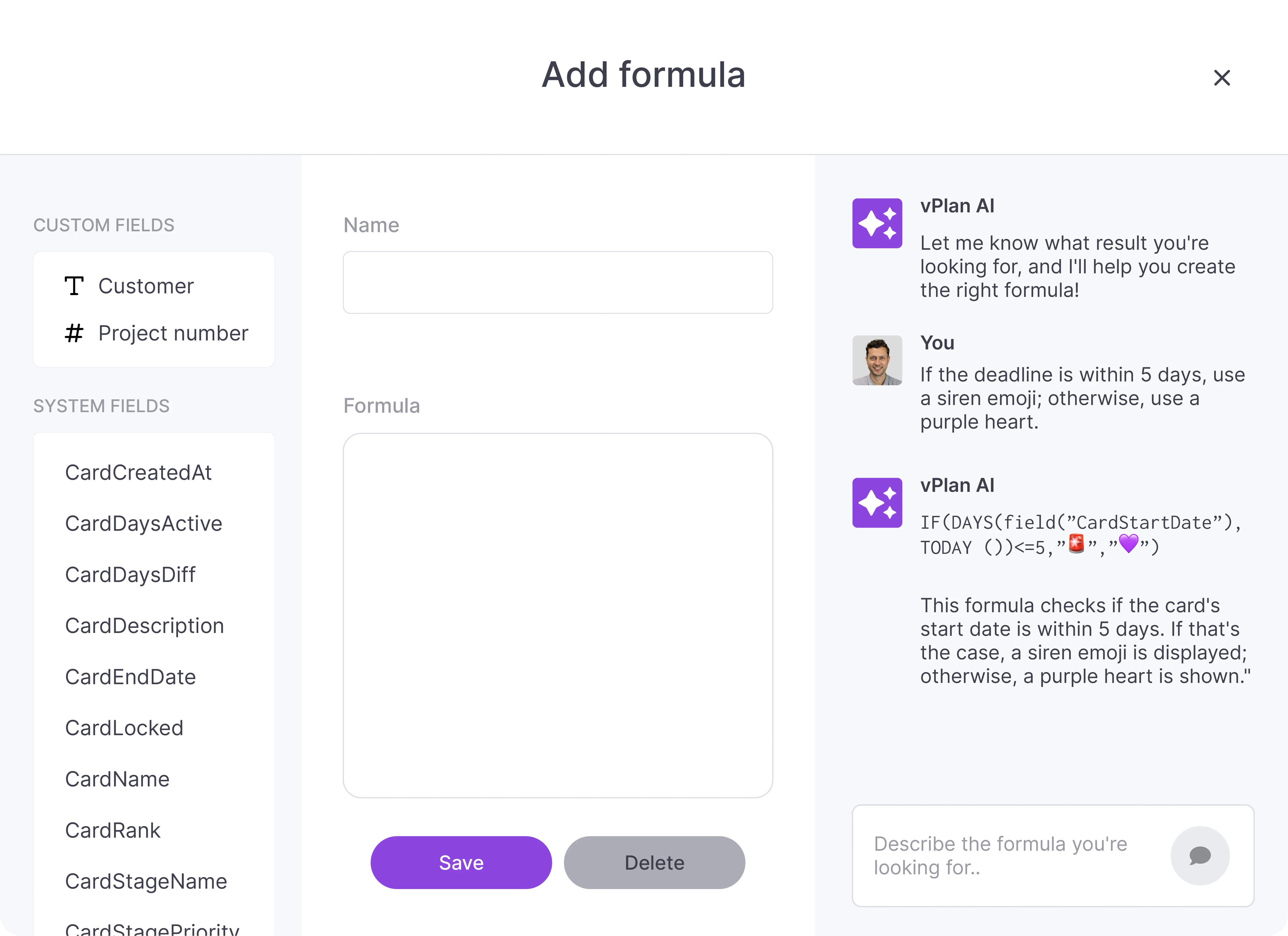 Configuration in vPlan for creating and editing formulas.