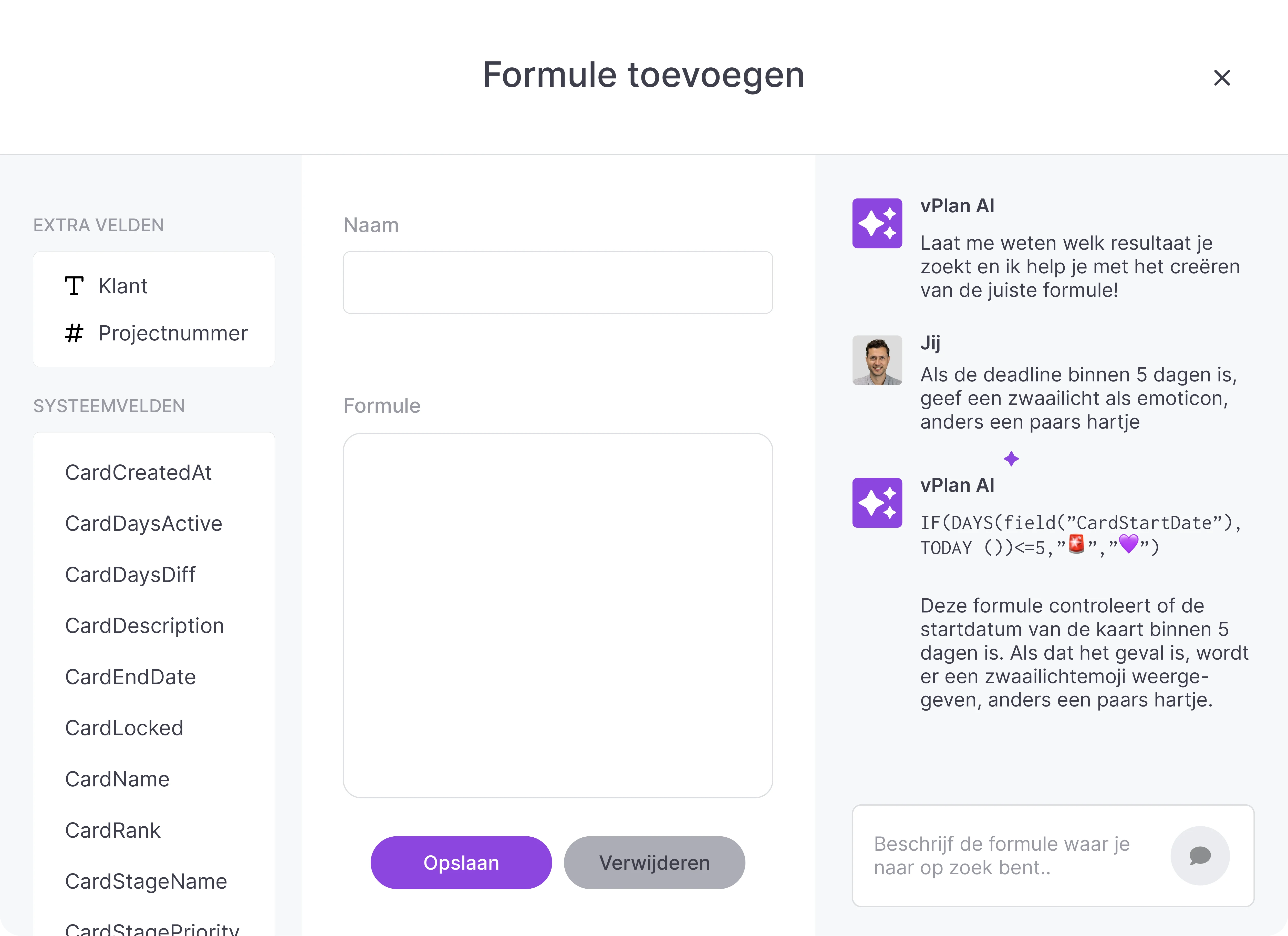 De configuratie in vPlan voor het aanmaken en bewerken van formules.