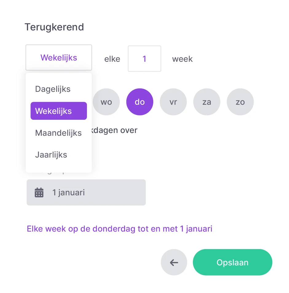Terugkerende taken in vPlan om automatisch taken te laten herhalen op basis van je voorkeuren.
