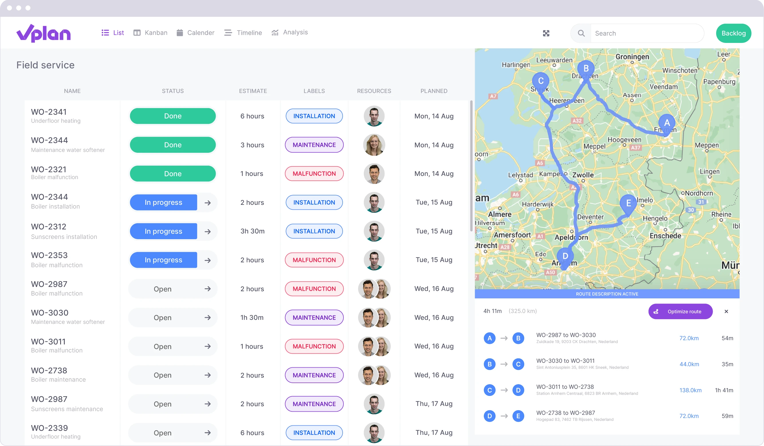 Route optimisation in vPlan’s list view to easily plan the best route between scheduled locations.