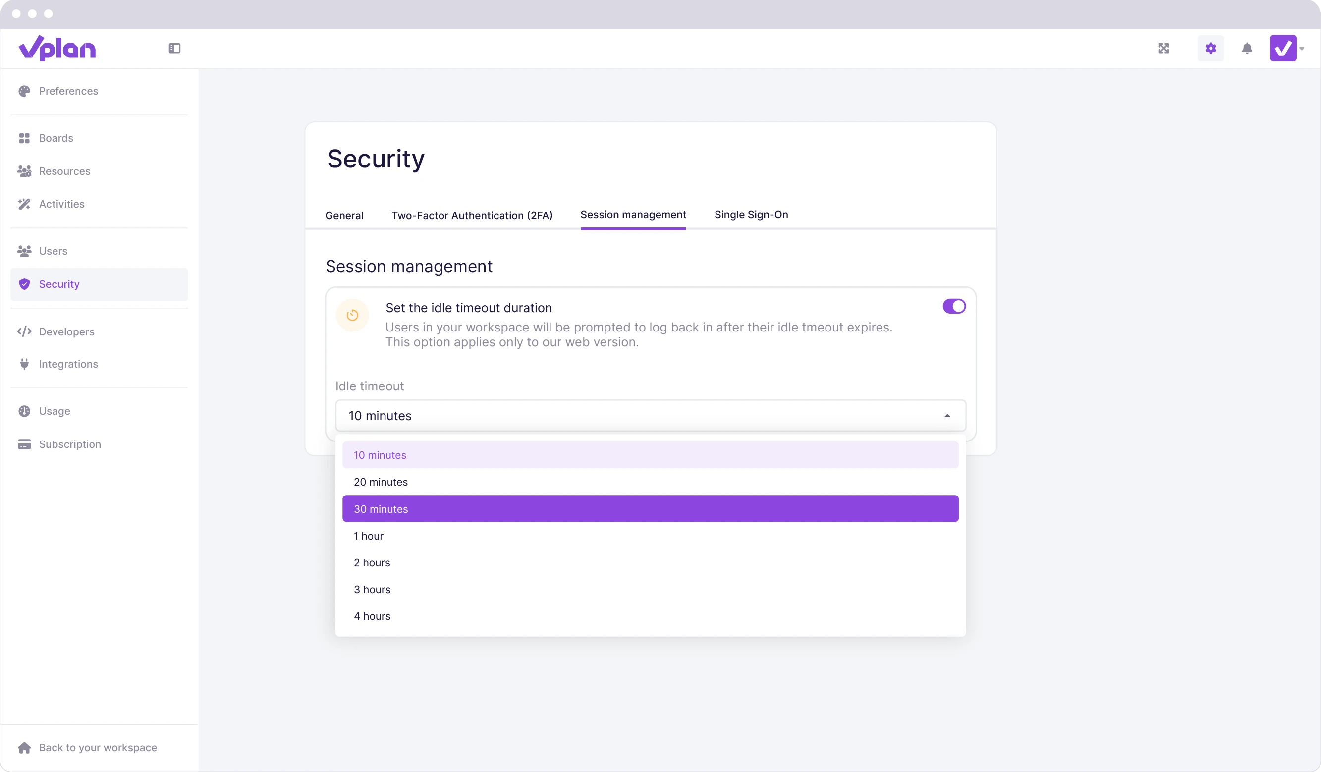 Configuration for session management in vPlan to automatically log users out after a set period of inactivity.