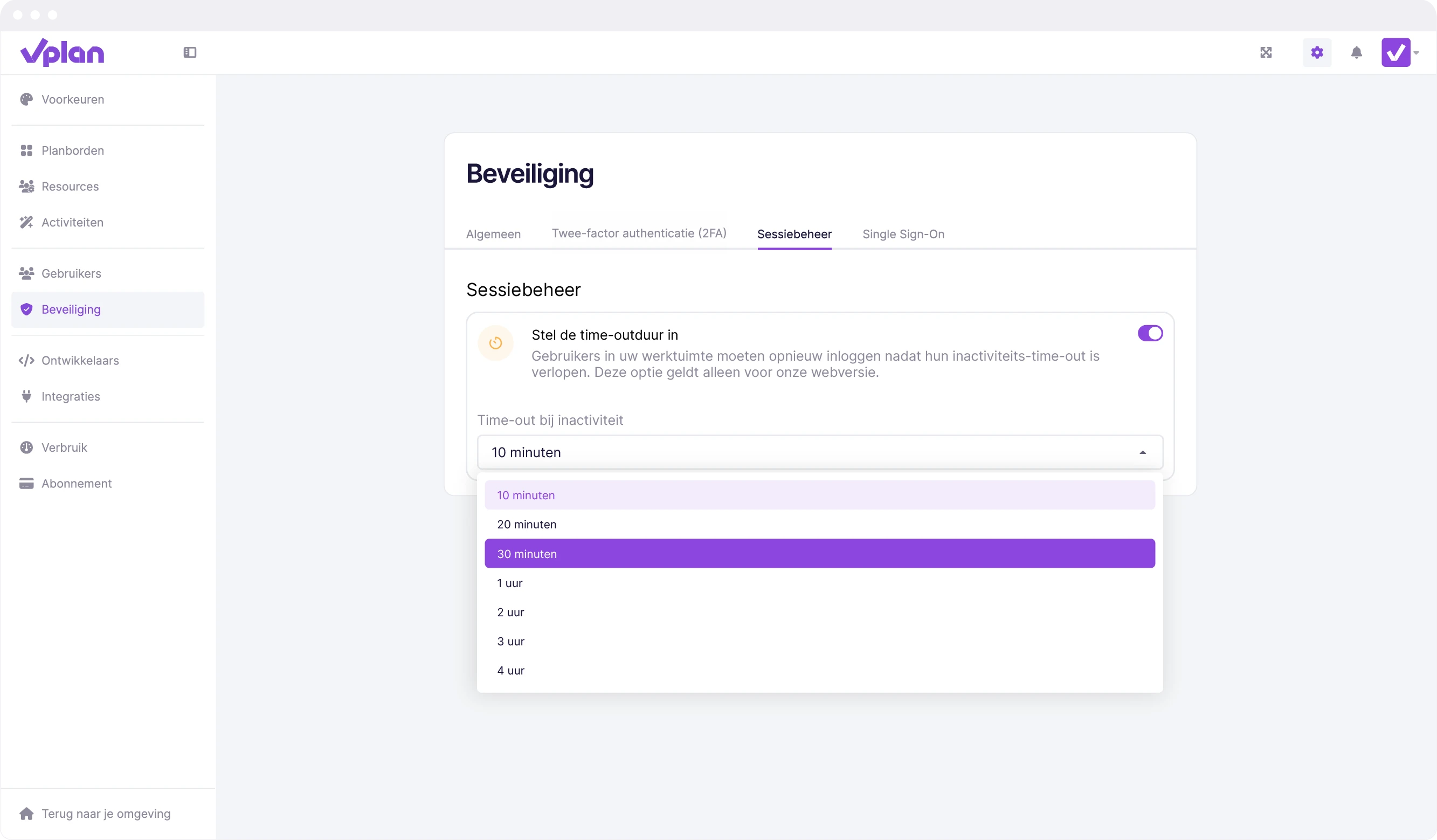 Configuratie voor sessiemanagement in vPlan zodat gebruikers automatisch uitloggen na een ingestelde tijd.