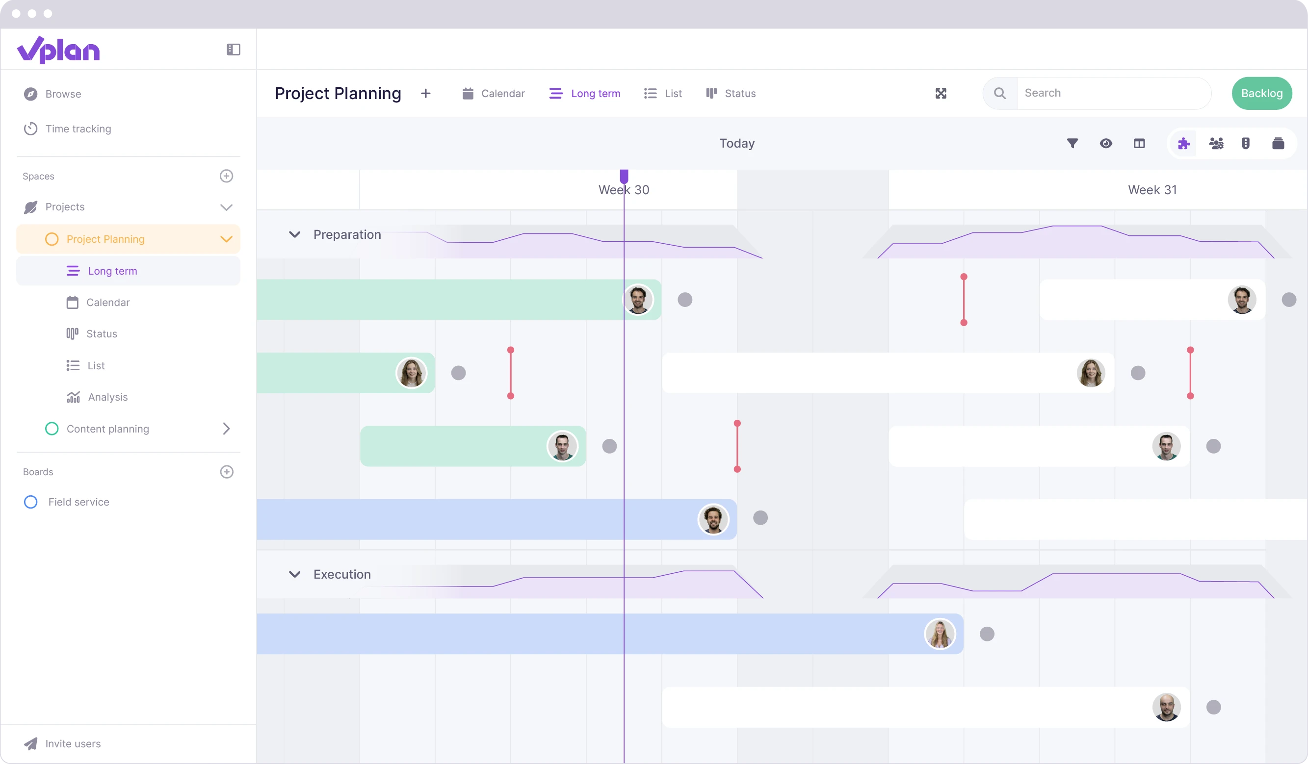 The vPlan menu displaying an overview of workspaces and planning boards.
