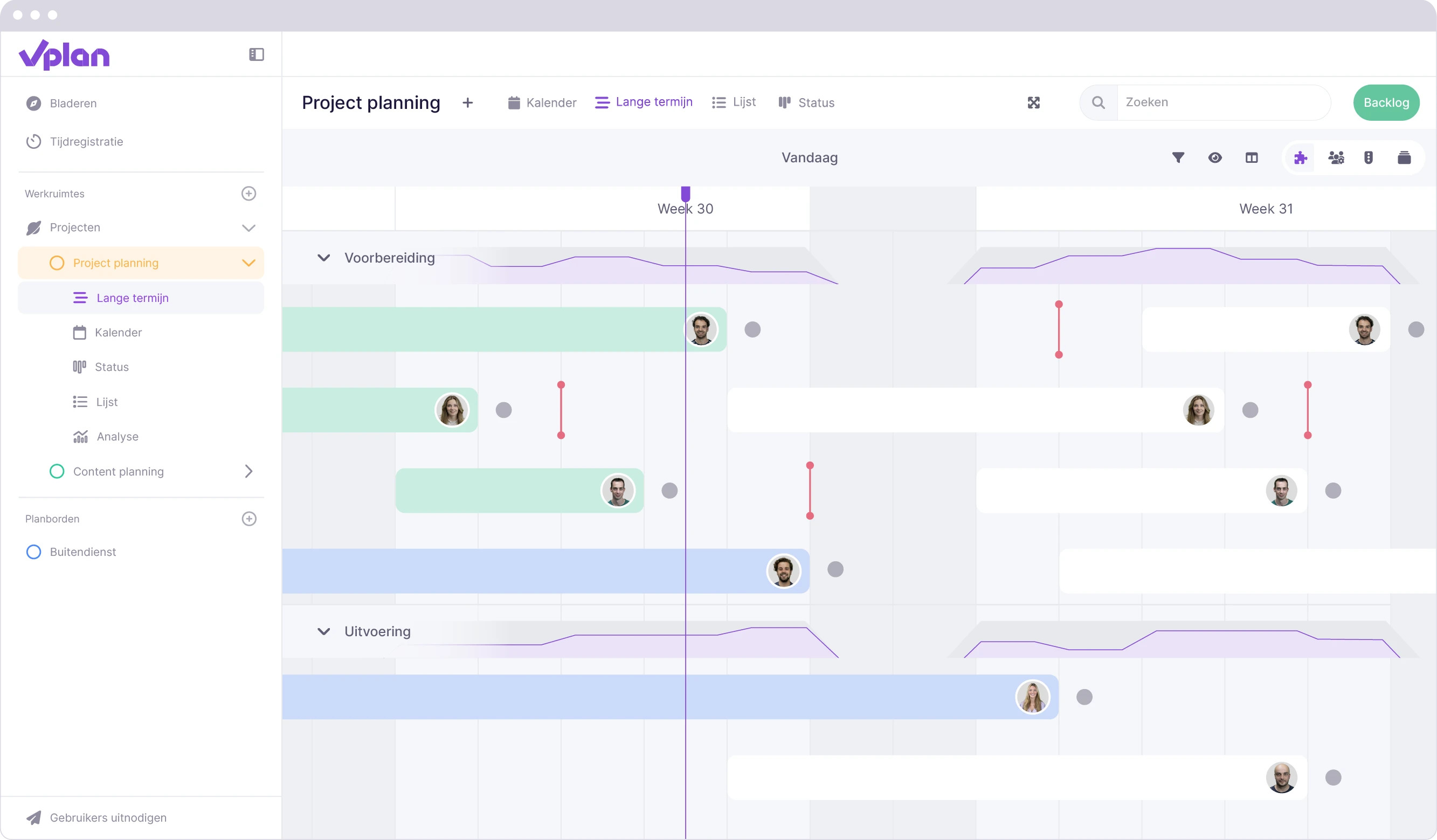Het menu van vPlan die een overzicht geeft in werkruimtes en planborden.