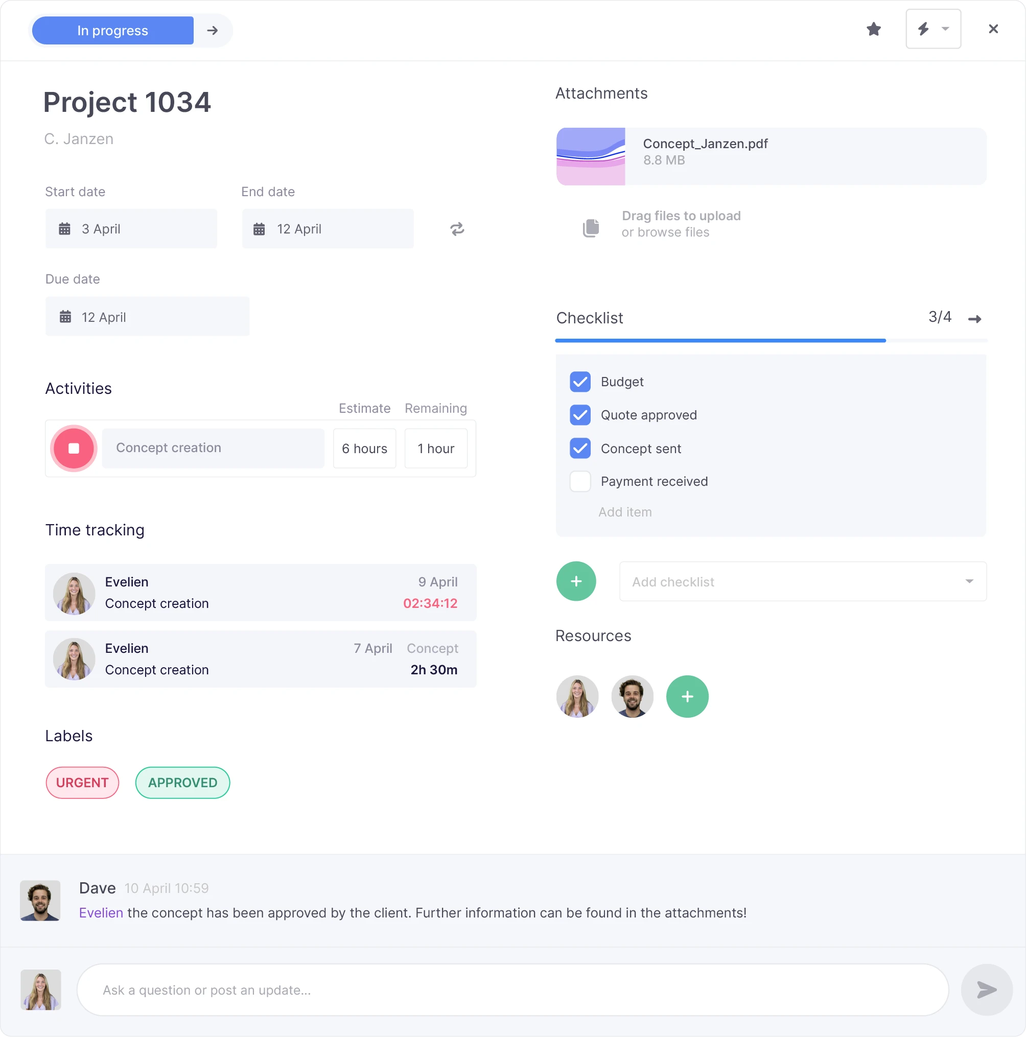 Time tracking within a task card in vPlan, showing an overview of logged and active time tracking.