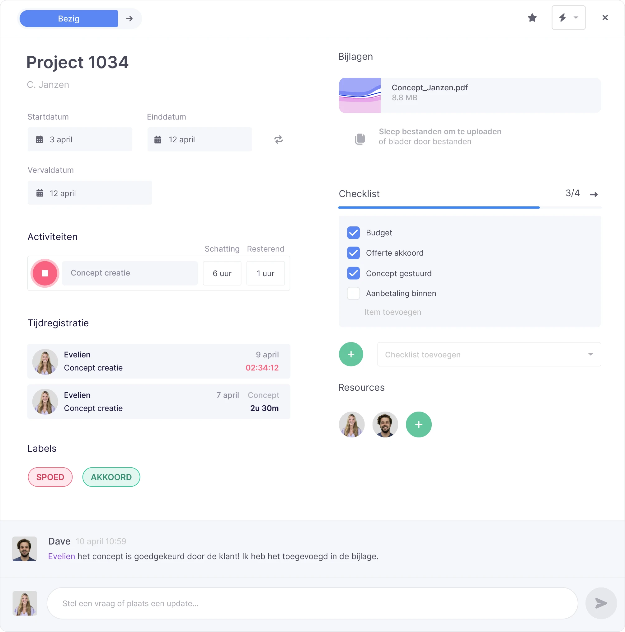 Tijdregistratie binnen een kaartje in vPlan met overzicht van geregistreerde en lopende tijdregistratie.