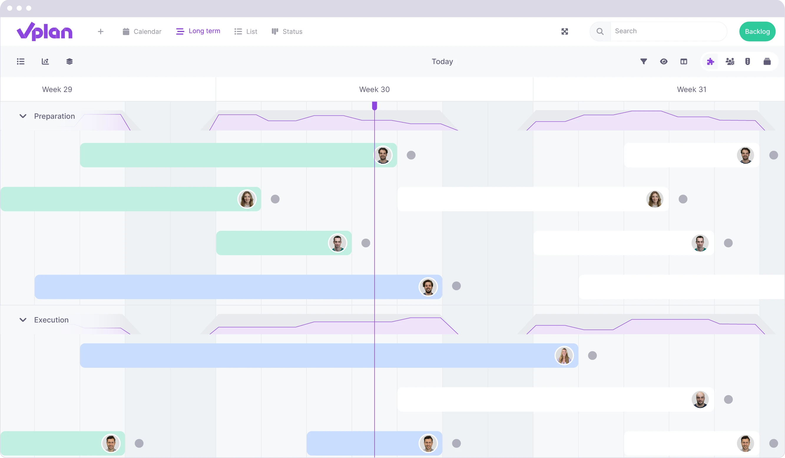 Timeline view in vPlan, showing an overview of capacity and scheduling for long-term projects.