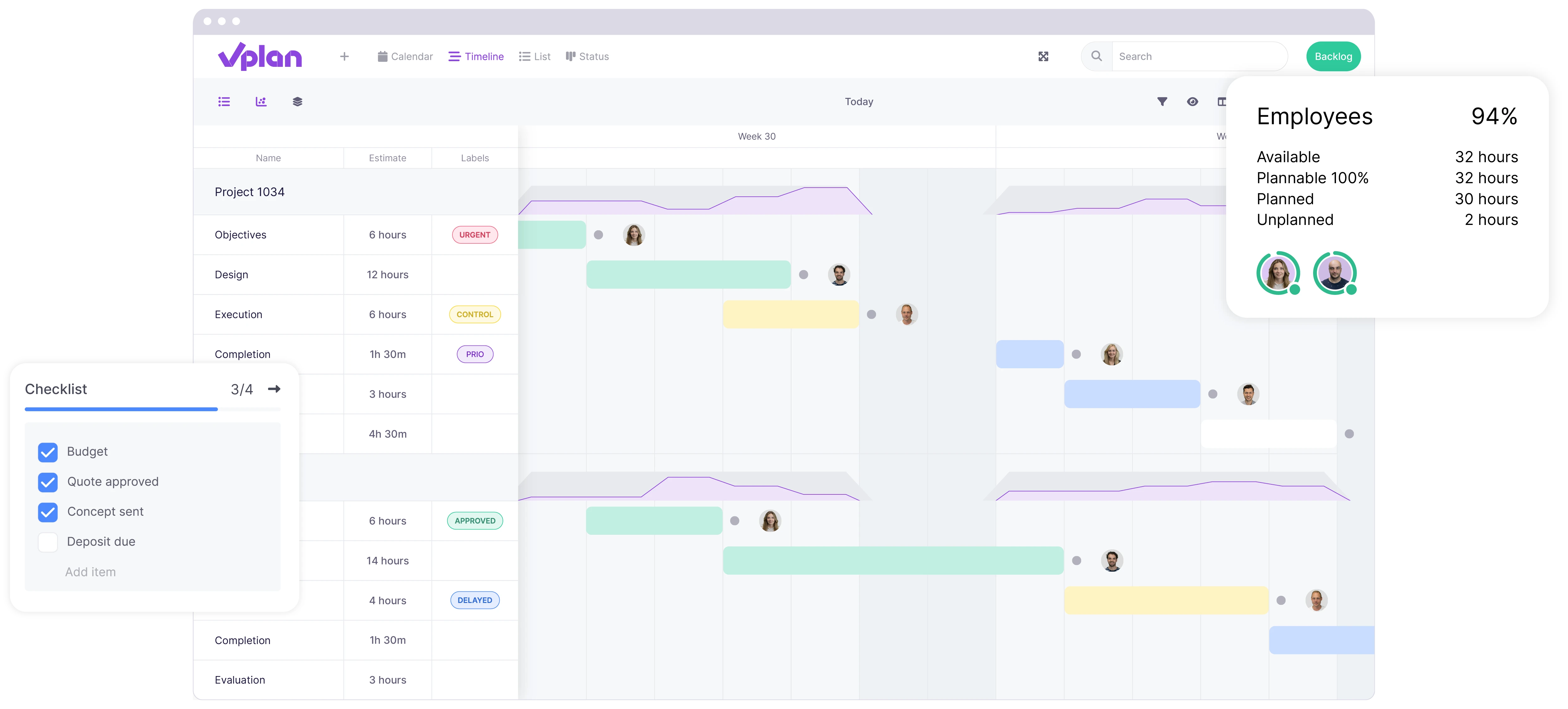 vPlan Planning: A timeline view with a checklist element and employee capacity.