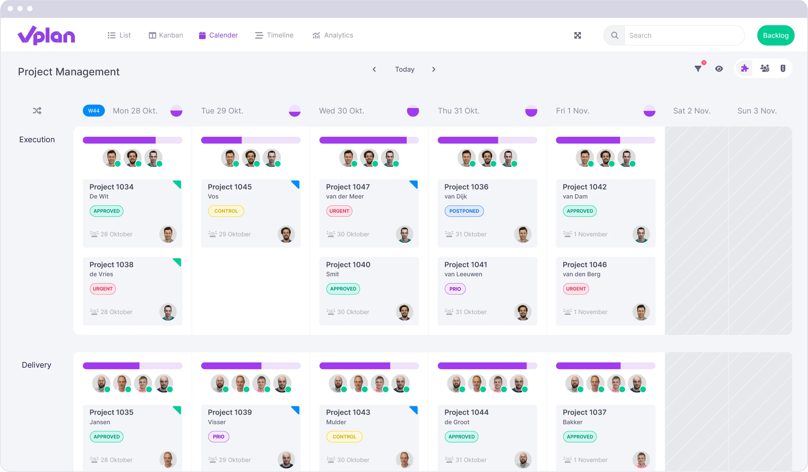 vPlan calendar view for project management showing team members, progress bars, and status labels like ‘Urgent’ and ‘Approved’ per project.