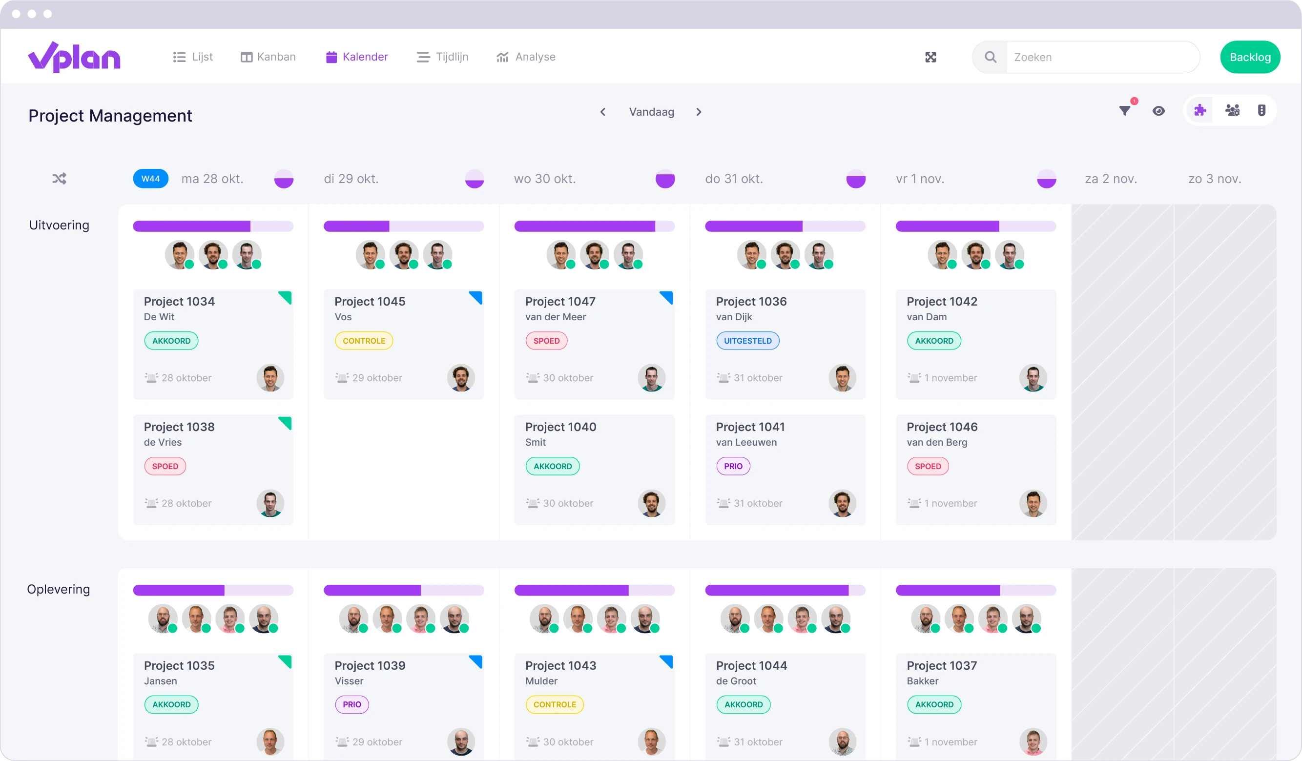 vPlan kalenderweergave voor projectbeheer met teamleden, voortgangsbalken en statuslabels zoals ‘Spoed’ en ‘Akkoord’ per project.