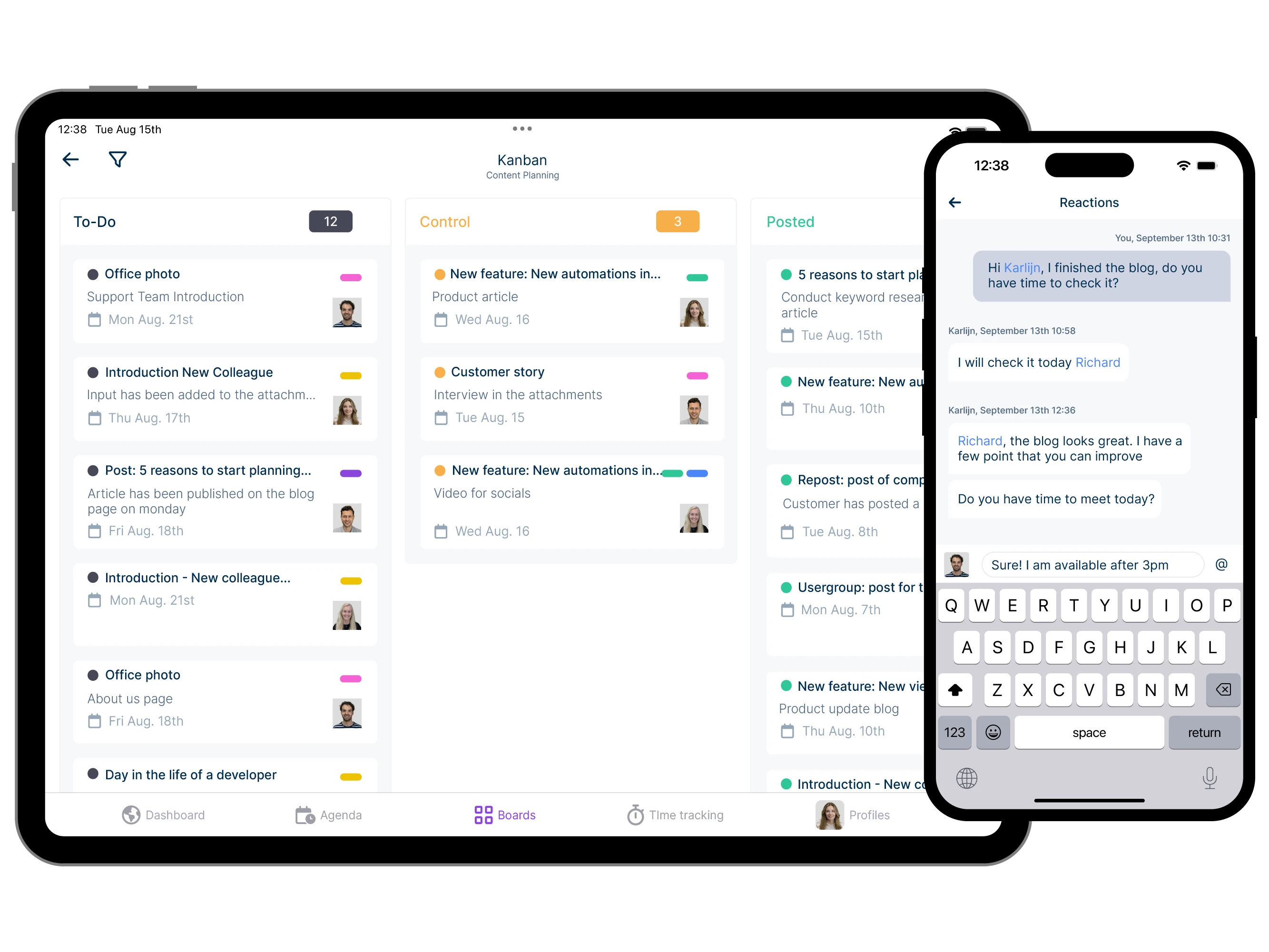 Screenshot online scheduling tool vPlan, list view orders. Status, hour estimate, labels, employees and scheduled date.