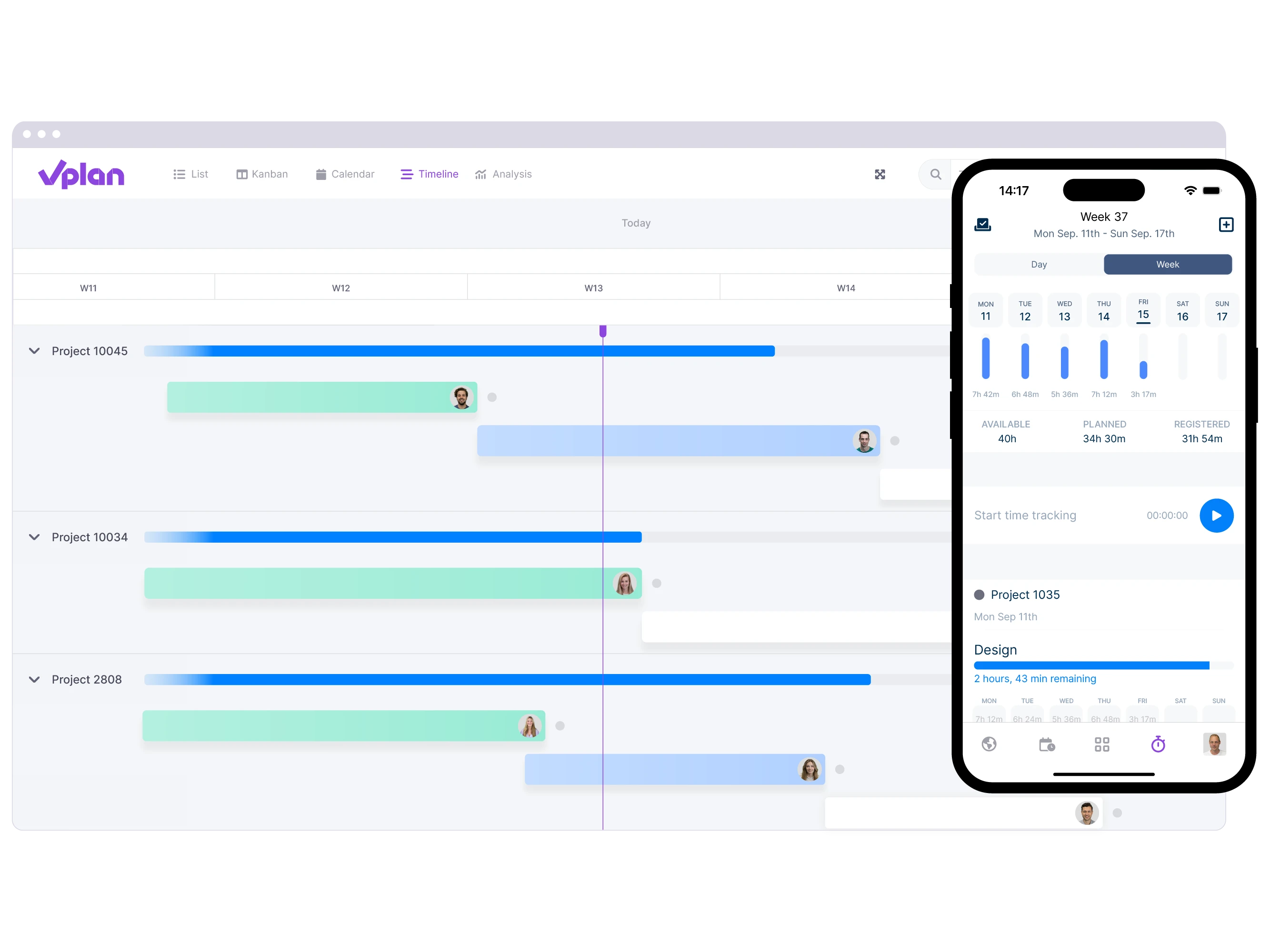 Screenshot online scheduling tool vPlan, list view orders. Status, hour estimate, labels, employees and scheduled date.