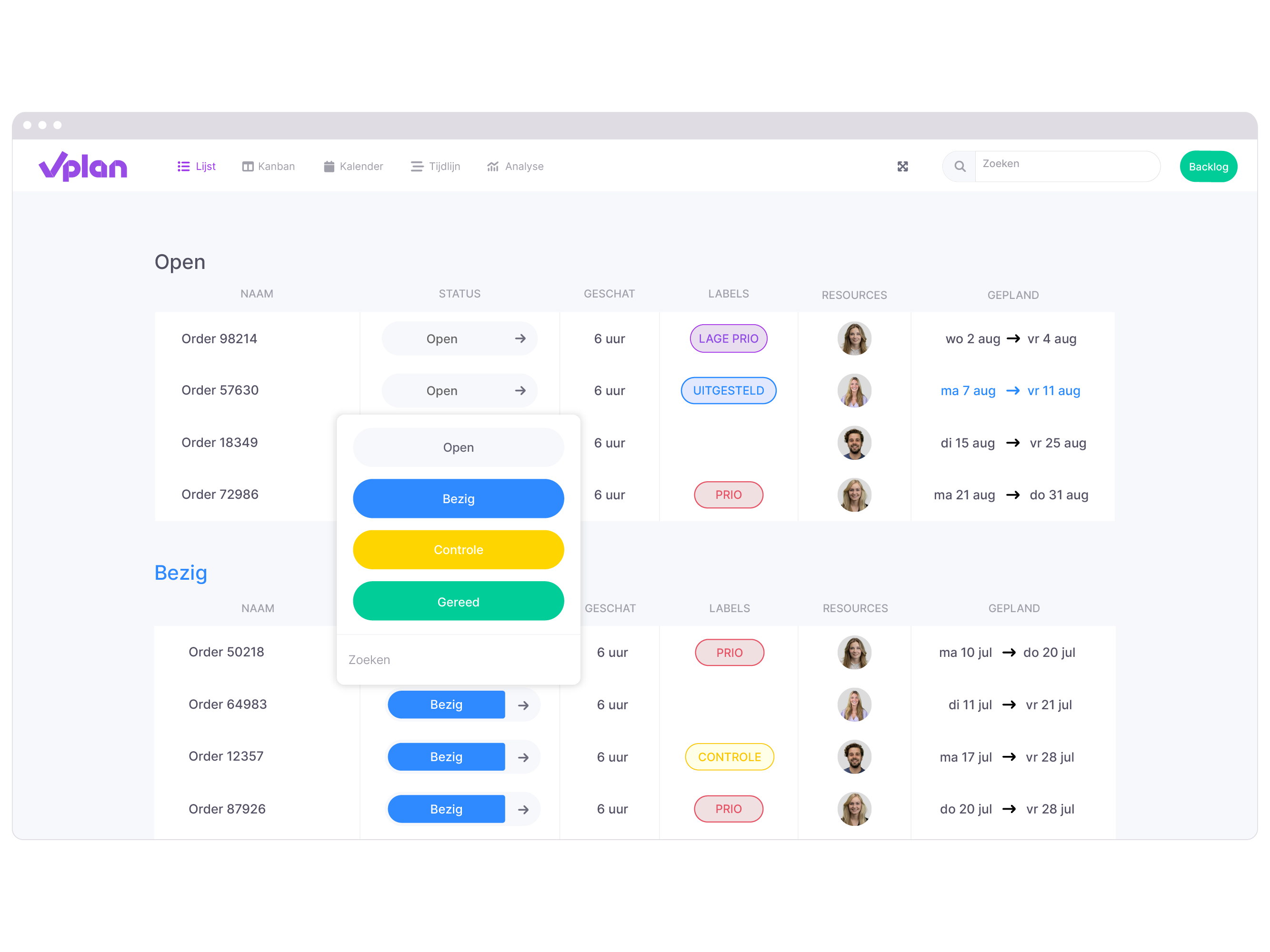 Screenshot online planning tool vPlan, lijstweergave orders. Status, urenschatting, labels, werknemers en geplande datum.
