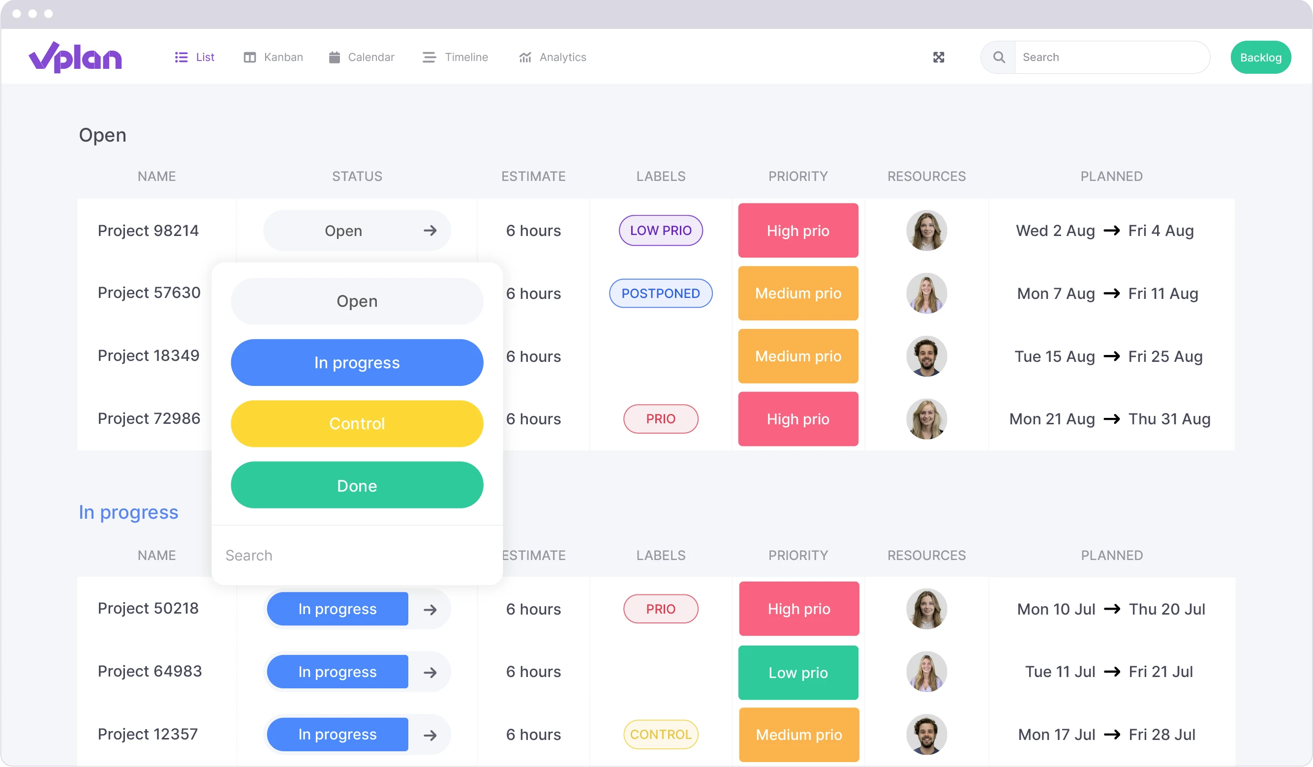 Overview of projects and their status in vPlan, with options to change status such as 'Open,' 'In Progress,' 'Review,' and 'Completed,' and priority labels like 'High priority' and 'Medium priority.'