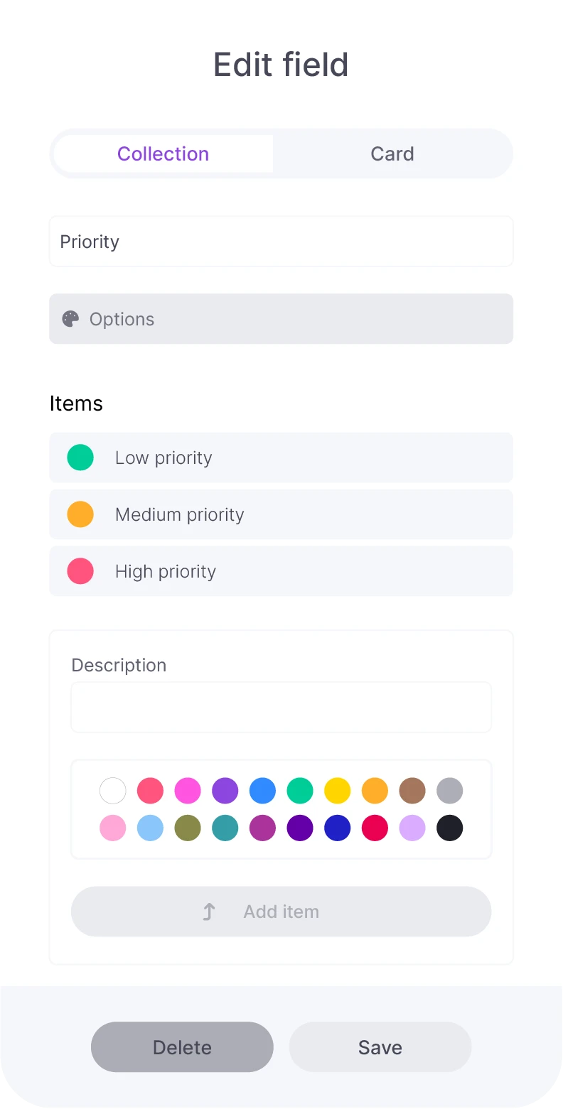 Field modification screen in vPlan for setting priority levels with colour codes, including options for low, medium, and high priority with colour selection.