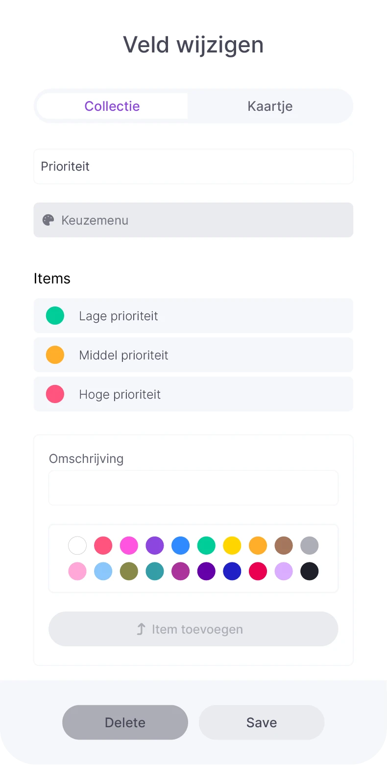 Veldwijzigingscherm in vPlan voor het instellen van prioriteiten met kleurcodes, inclusief opties voor lage, middel en hoge prioriteit met kleurselectie.