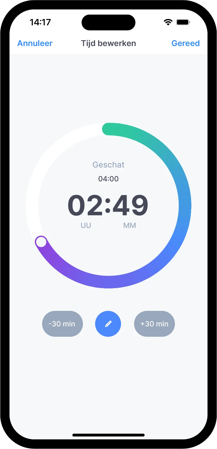 Handmatige tijdregistratiefunctie in vPlan, toont resterende tijd van 2 uur en 49 minuten van een geschatte 4 uur, met opties om tijd aan te passen in stappen van 30 minuten.