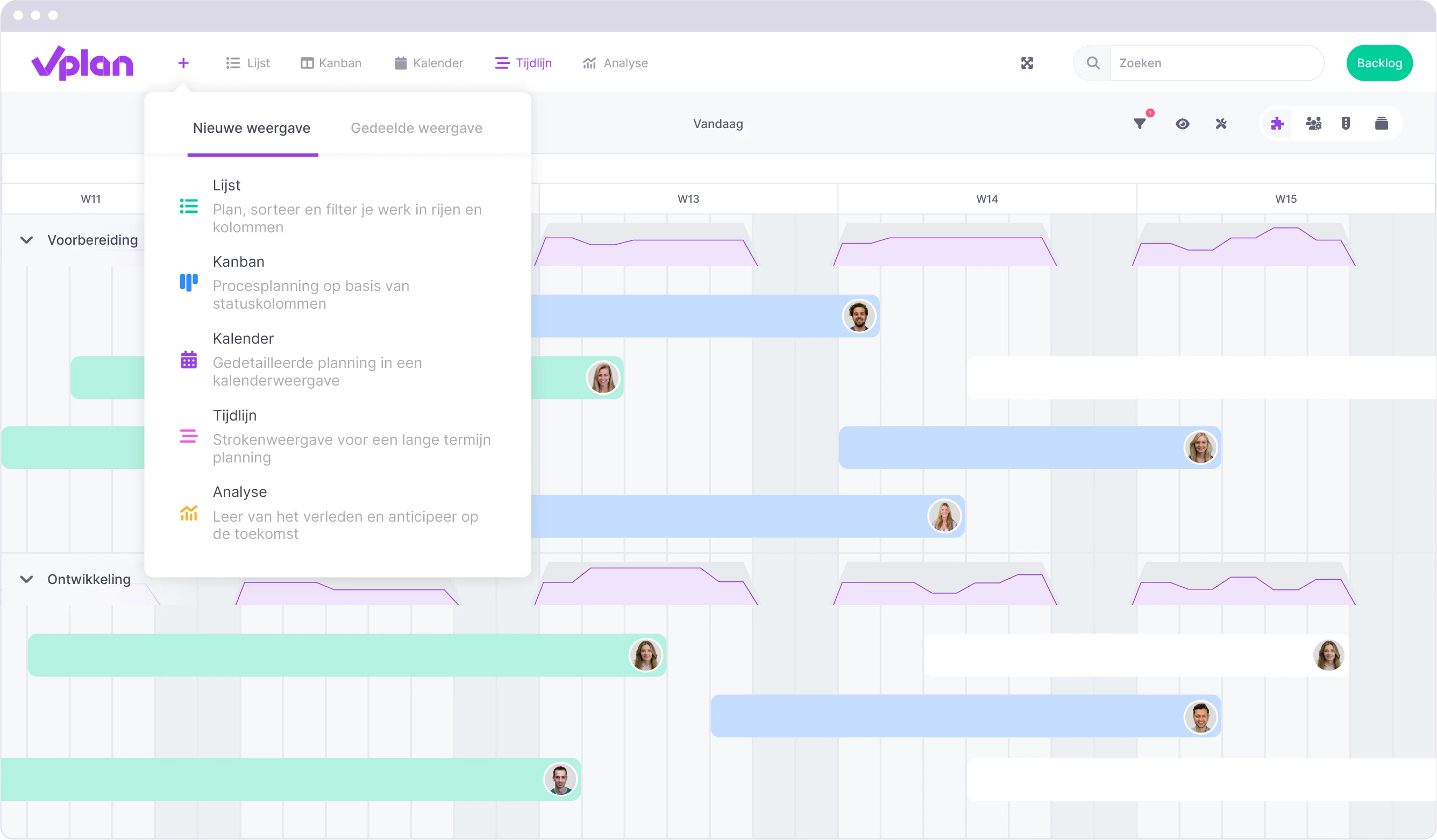 Weergaveopties in vPlan, toont verschillende planningsmethodes zoals lijst, kanban, kalender, tijdlijn en analyse voor projectbeheer.