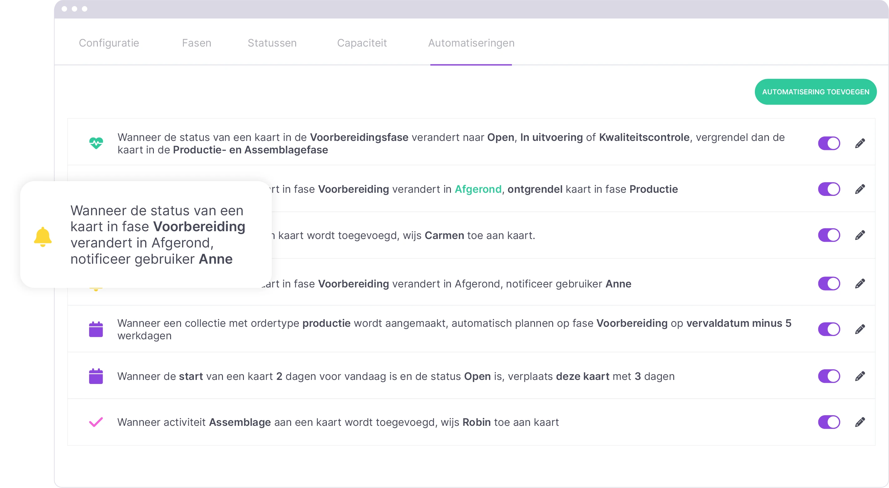 Automatiseringsregels in vPlan, toont configuratieopties voor meldingen en taaktoewijzing bij statuswijzigingen in projectstages.