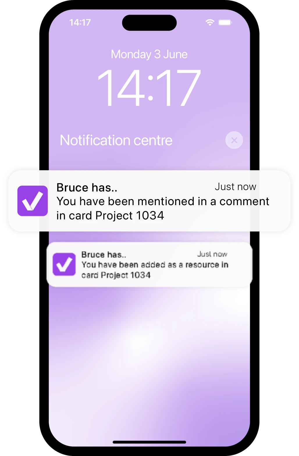 vPlan notifications: Bruce mentions user in project 1034 and assigns them as a resource.