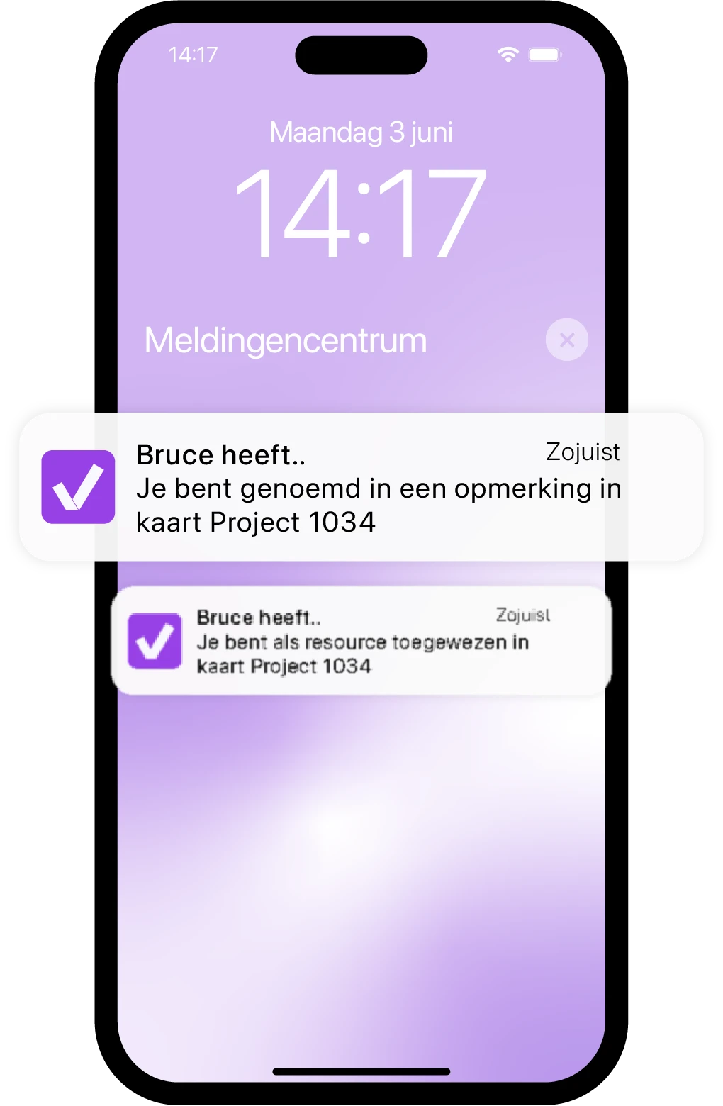 Meldingen in vPlan: Bruce noemt gebruiker in project 1034 en wijst hen toe als resource.