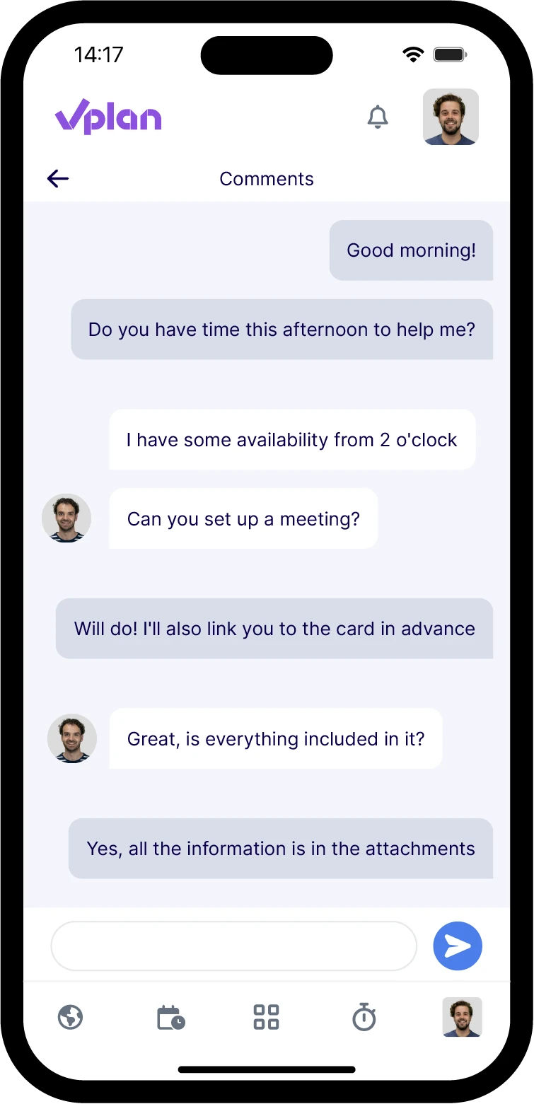 Chat view in the vPlan mobile app, showing a conversation between team members about scheduling a meeting and linking a card with all relevant information in the attachments.