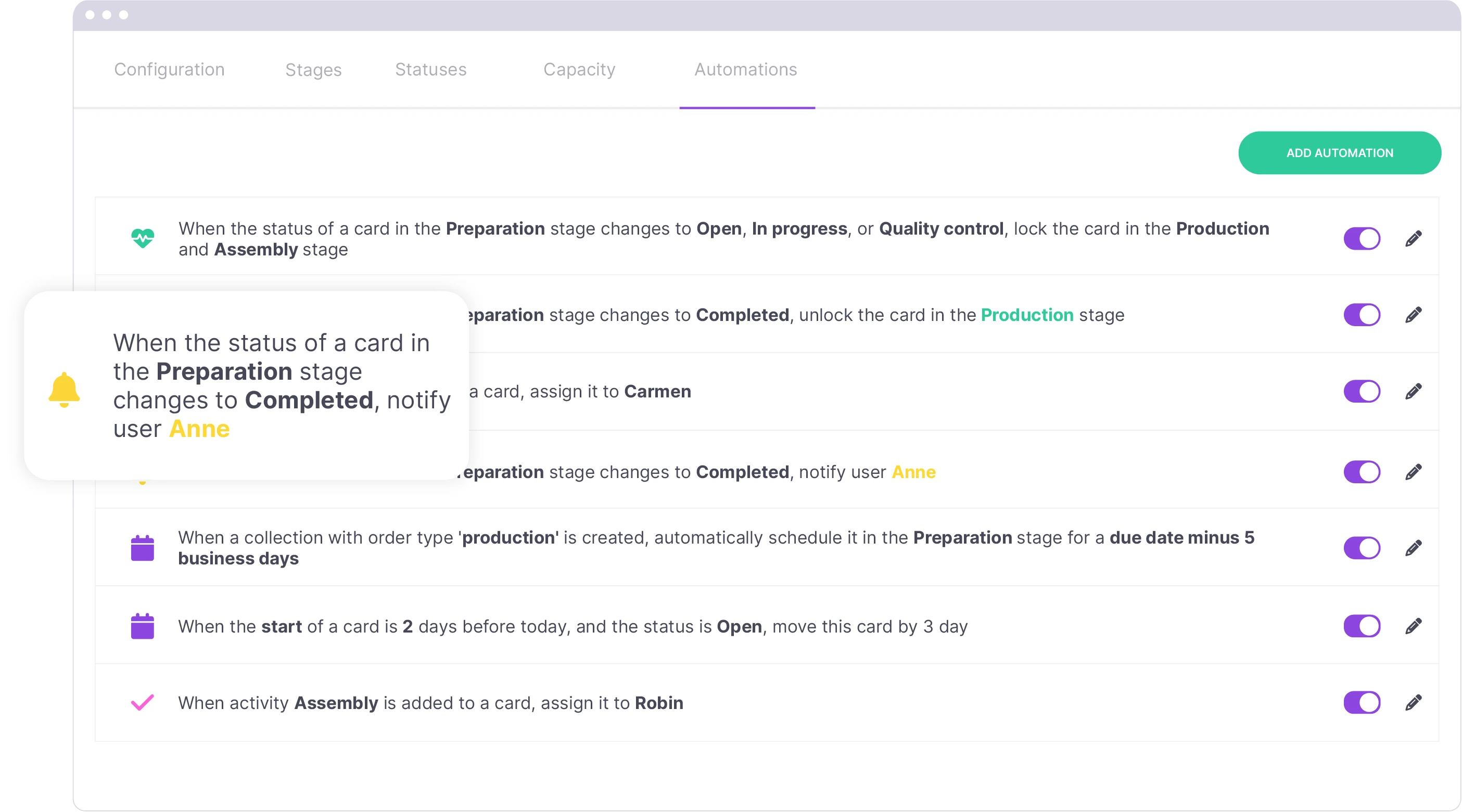 Automation settings in vPlan, displaying rules for status changes and actions like locking, assigning team members, and notifications for changes in project stages.