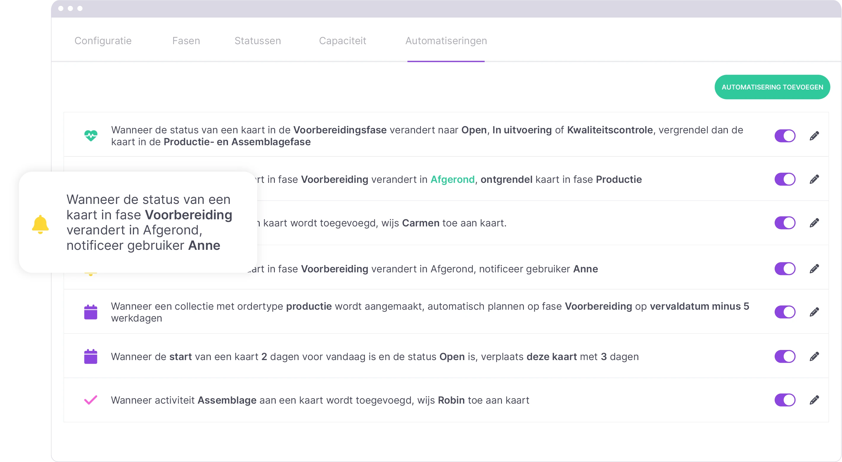 Automatiseringsinstellingen in vPlan, toont regels voor statuswijzigingen en acties zoals vergrendelen, toewijzen van teamleden, en notificaties bij veranderingen in projectfases.