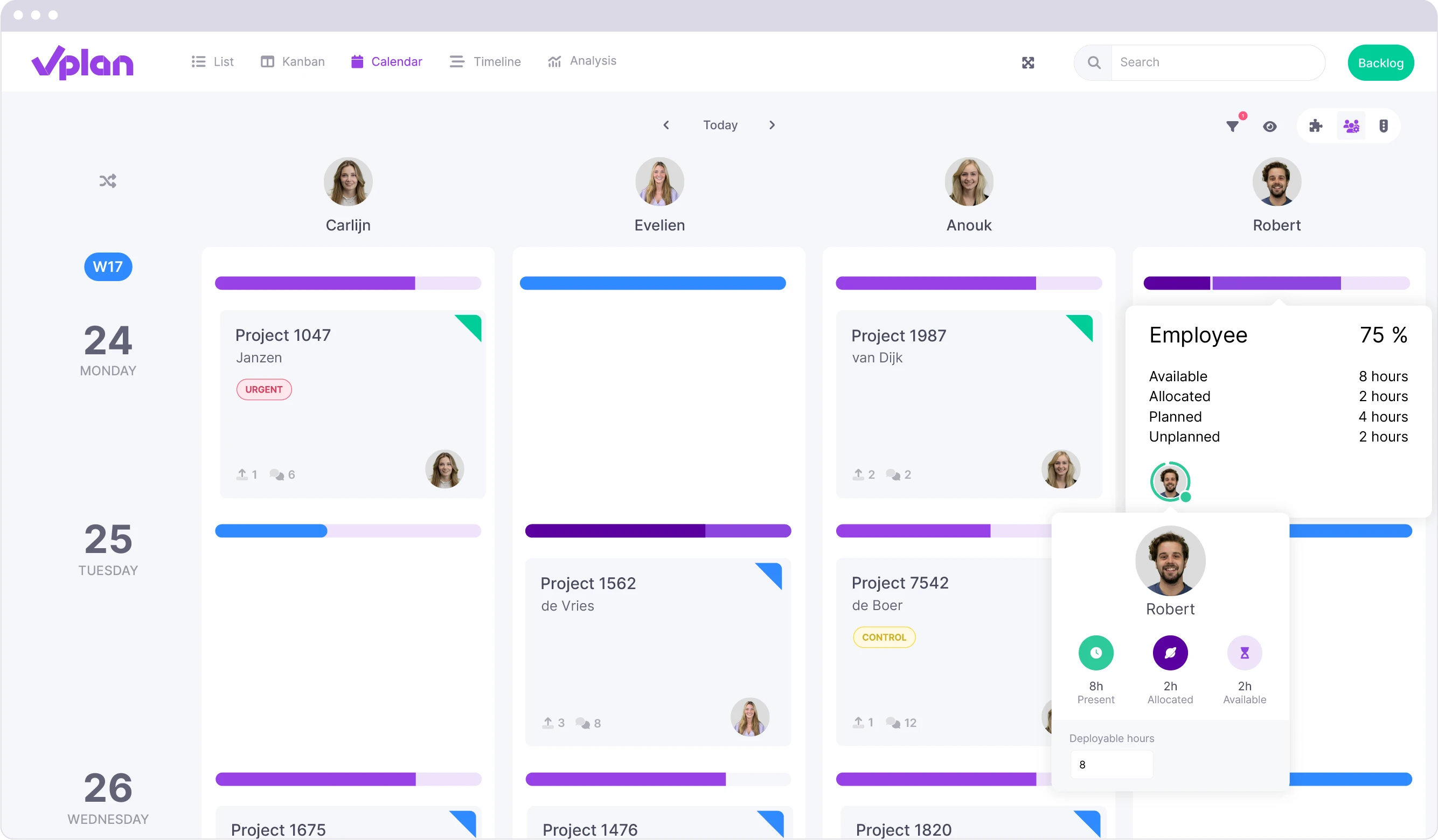 Calendar overview in vPlan, displaying project cards with status labels like 'Urgent' and 'Review,' along with assigned team members and their weekly capacity.