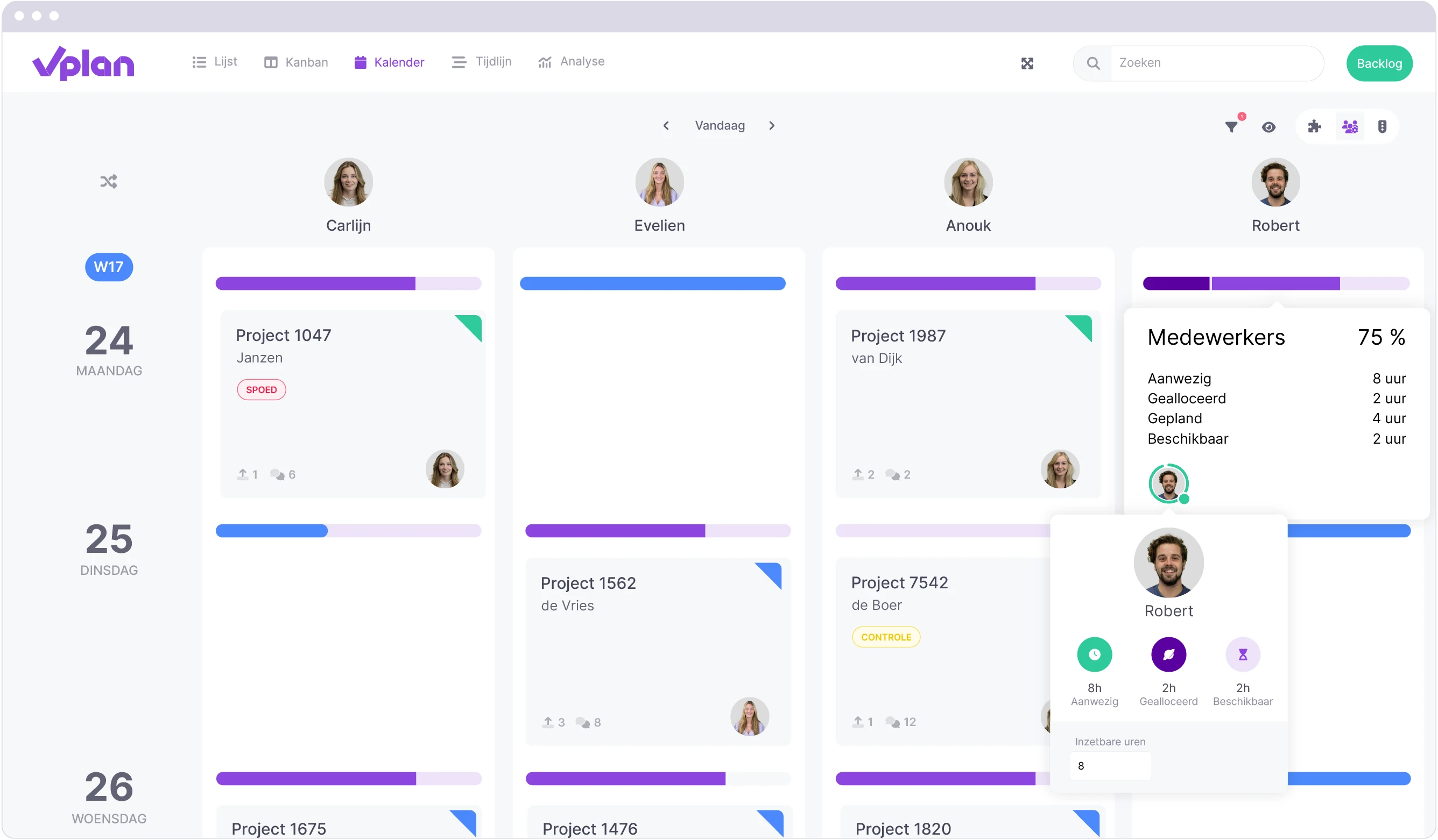 Kalenderoverzicht in vPlan, toont projectkaarten met statuslabels zoals 'Spoed' en 'Controle,' plus toegewezen teamleden en hun capaciteit per week.